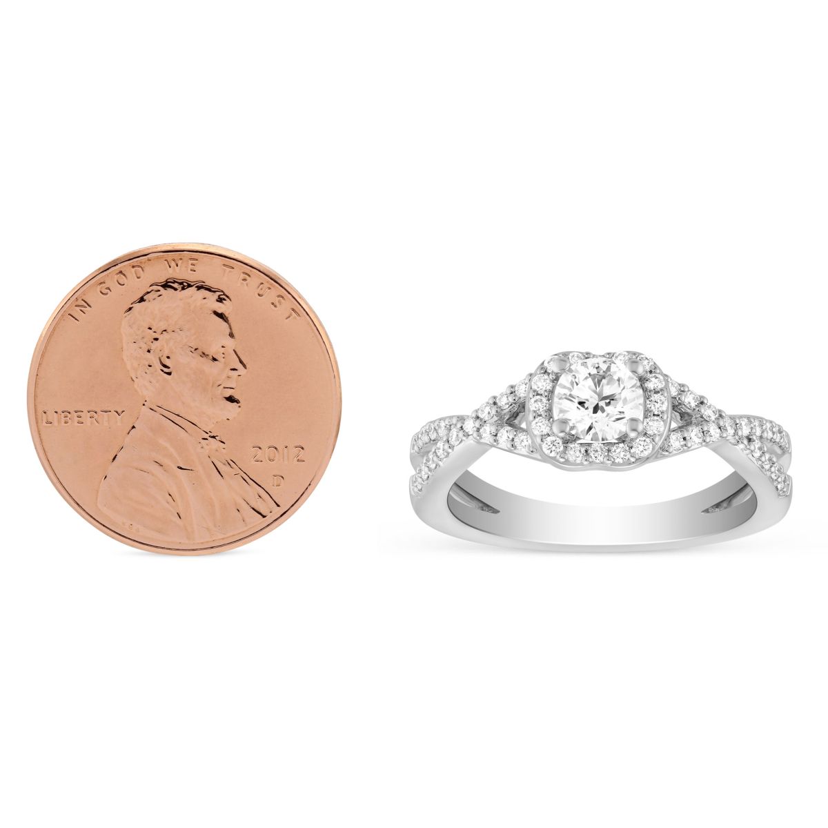 14K White Gold Diamond Ring with Diamond Cushion Halo & Twisted Shank, 0.61 ct