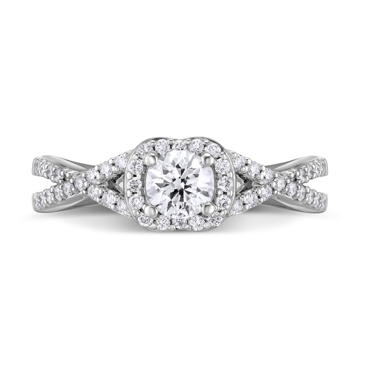 14K White Gold Diamond Ring with Diamond Cushion Halo & Twisted Shank, 0.61 ct