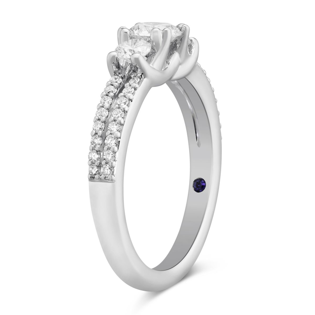White Gold 3 Stone Diamond Engagement Ring with 2 Row Shank and Ornamental Prong, 0.78 ct