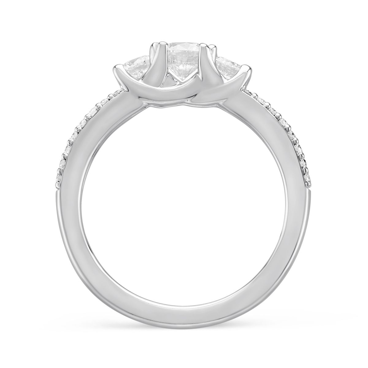 White Gold 3 Stone Diamond Engagement Ring with 2 Row Shank and Ornamental Prong, 0.78 ct