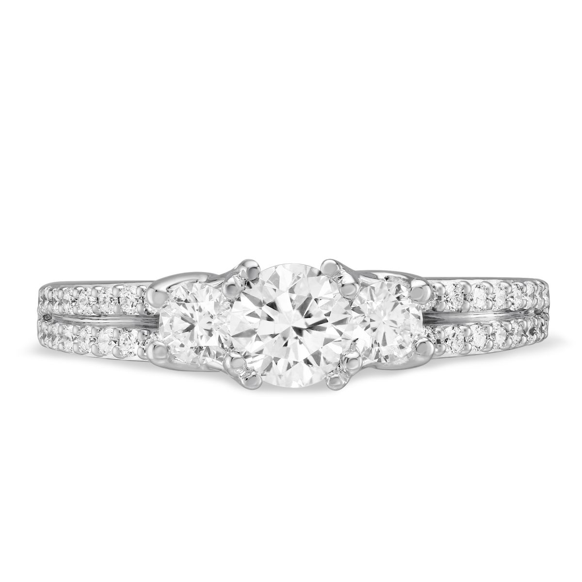 White Gold 3 Stone Diamond Engagement Ring with 2 Row Shank and Ornamental Prong, 0.78 ct