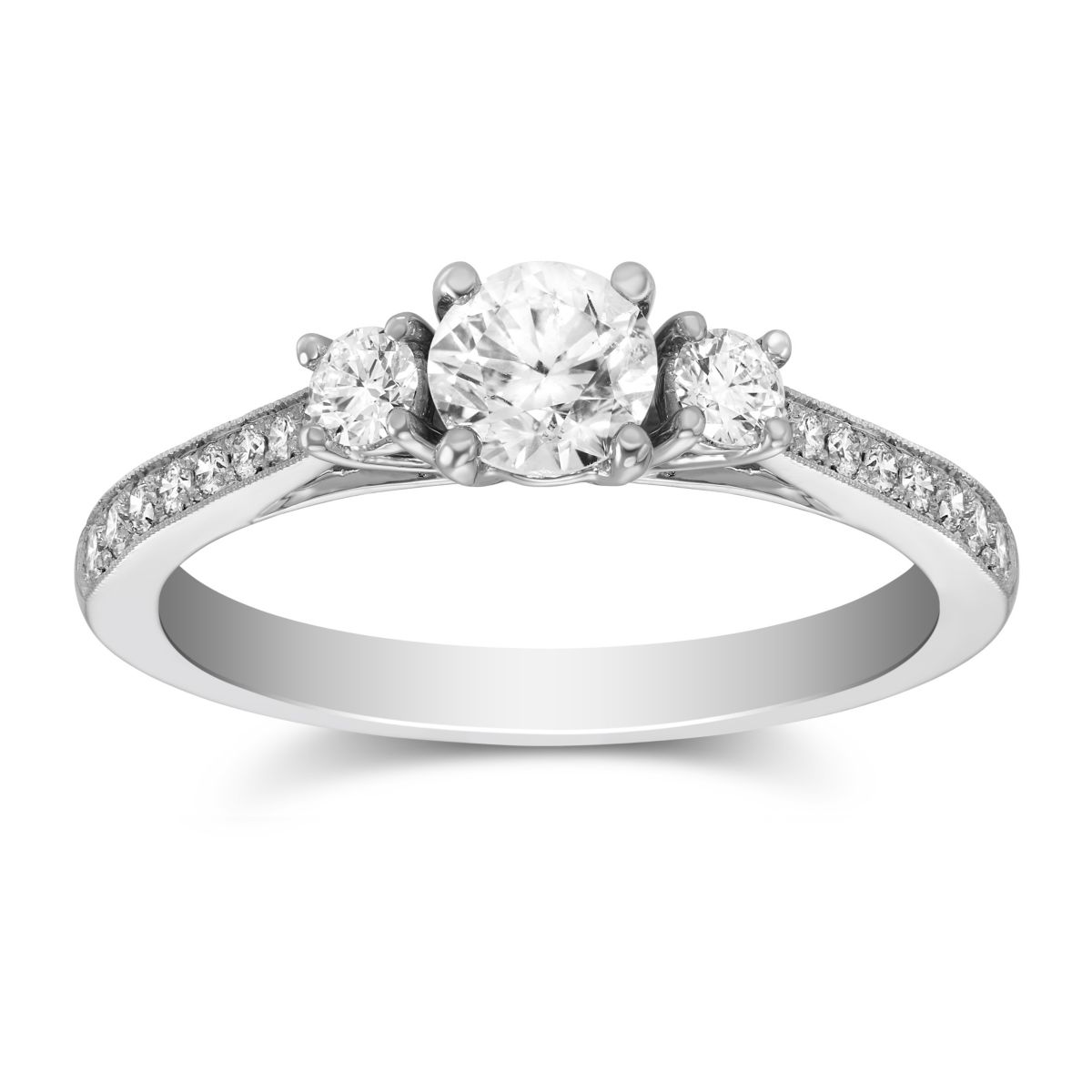 White Gold Diamond 3 Stone Ring with Diamond Milgrain Shank, 0.82 ct