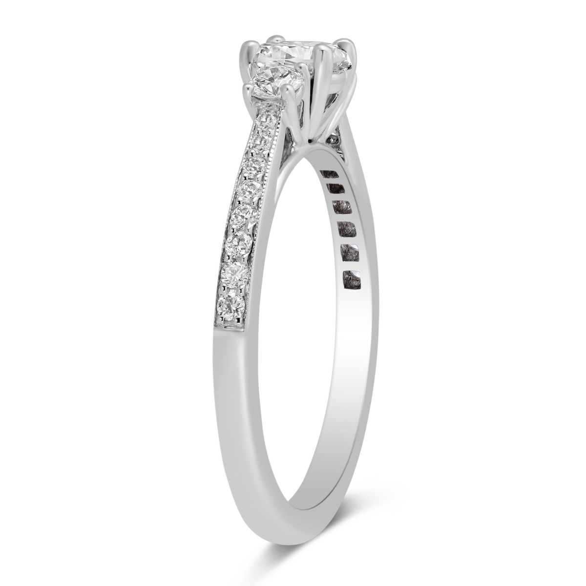 White Gold Diamond 3 Stone Ring with Diamond Milgrain Shank, 0.82 ct