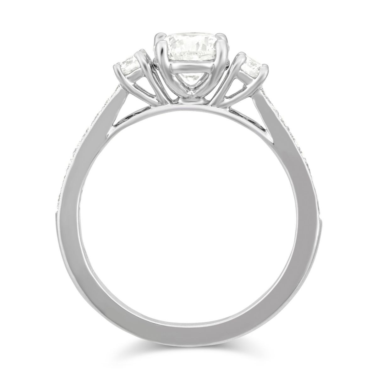 White Gold Diamond 3 Stone Ring with Diamond Milgrain Shank, 0.82 ct