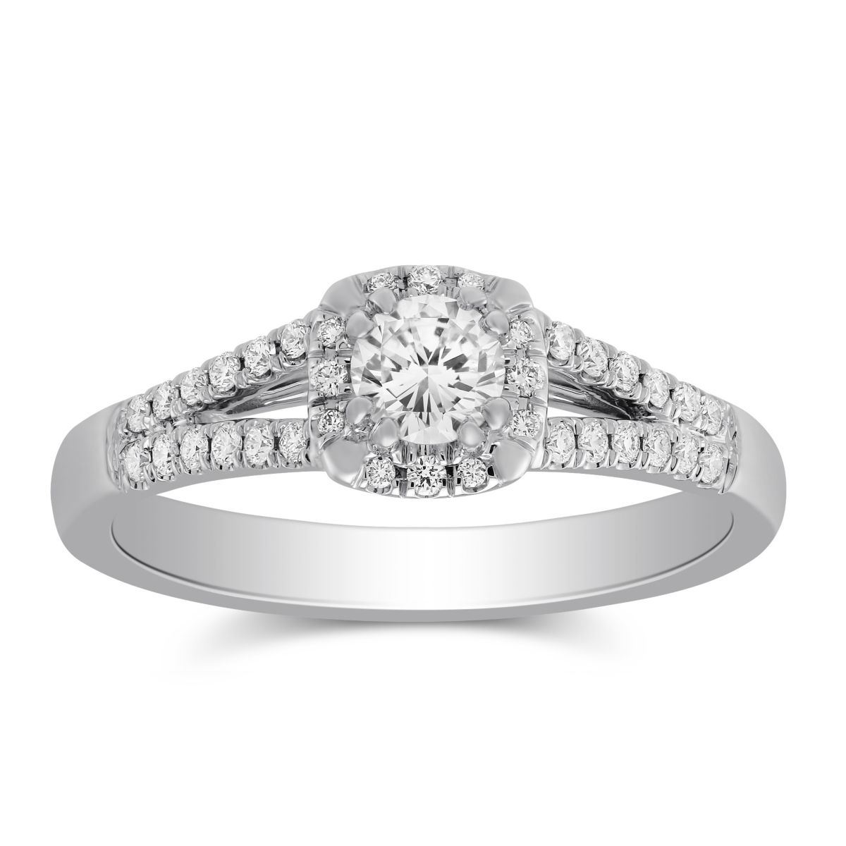 White Gold Diamond Ring with Cushion Halo & Split Shank, 0.78 ct