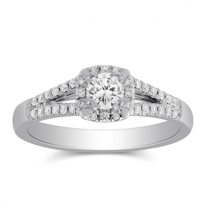 White Gold Diamond Ring with Cushion Halo & Split Shank, 0.78 ct