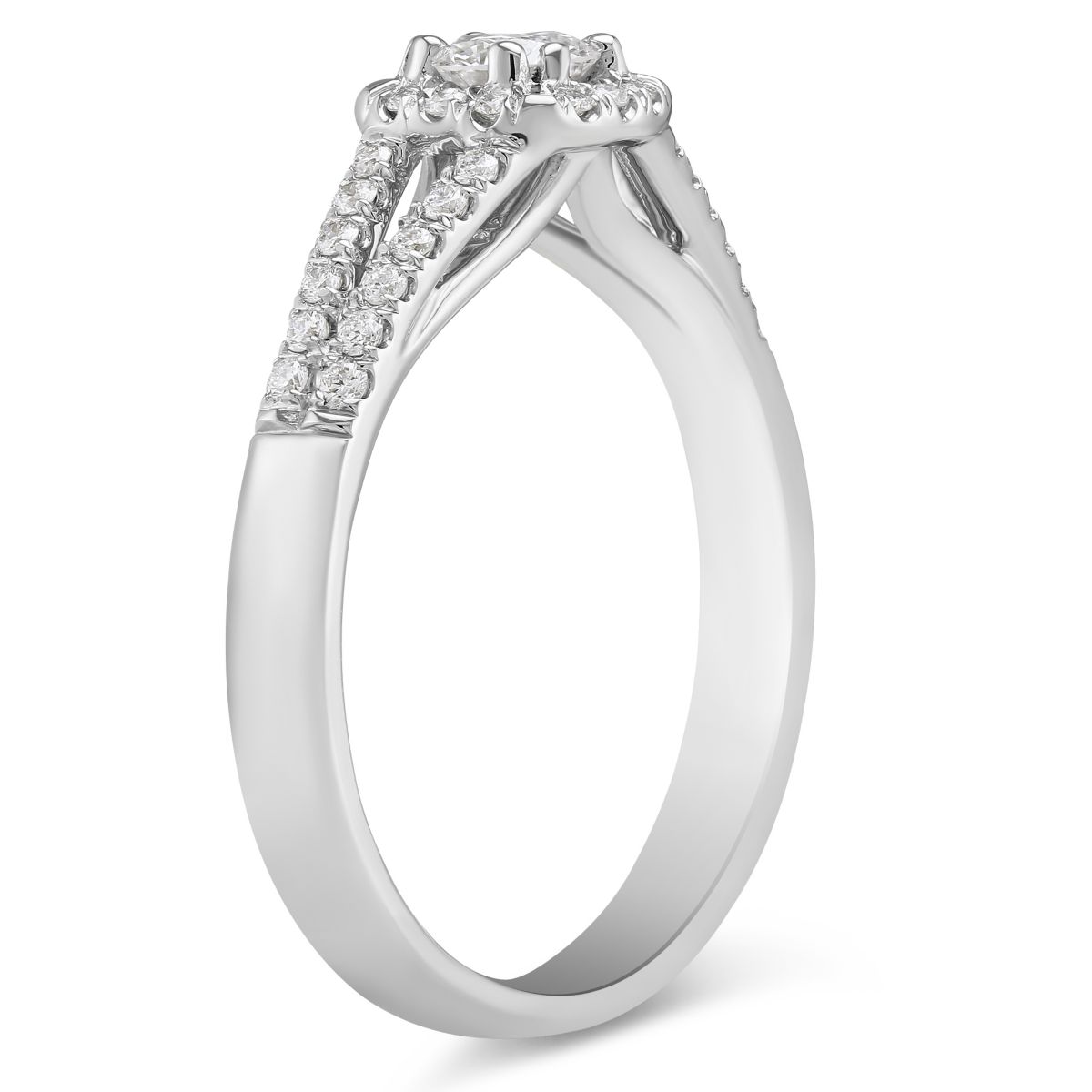 White Gold Diamond Ring with Cushion Halo & Split Shank, 0.78 ct
