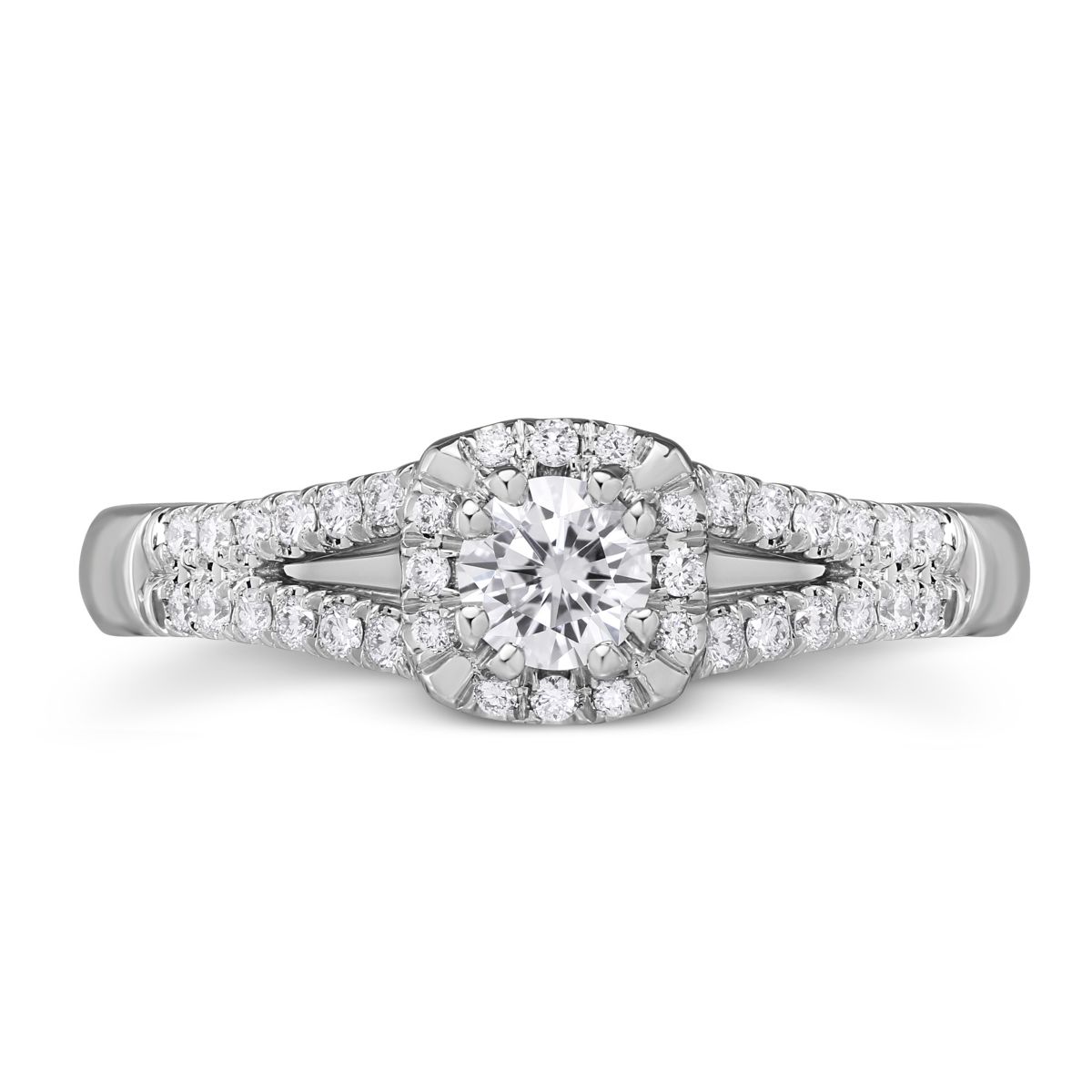 White Gold Diamond Ring with Cushion Halo & Split Shank, 0.78 ct
