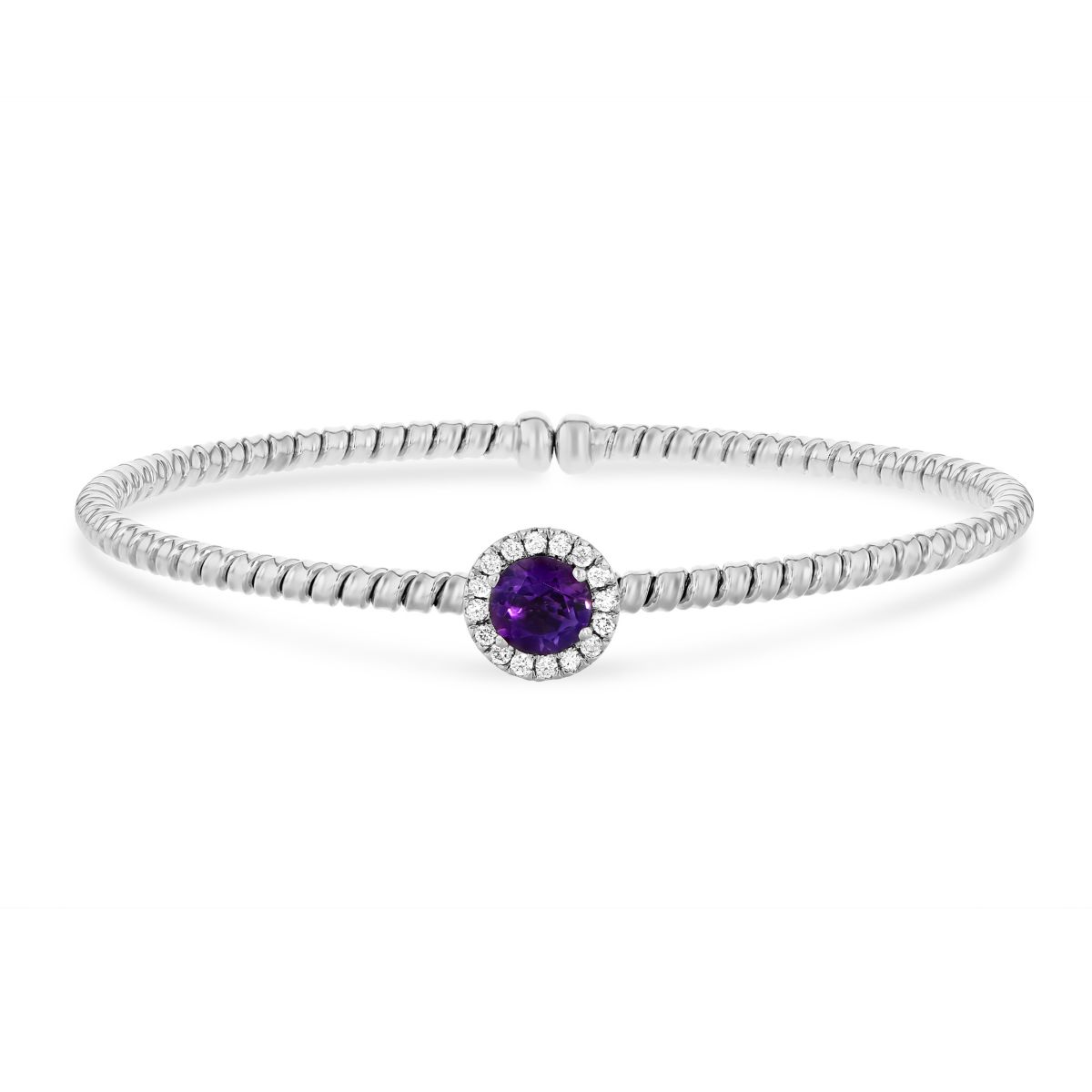 Amethyst & Diamond Halo Flexible Cuff Bracelet in White Gold