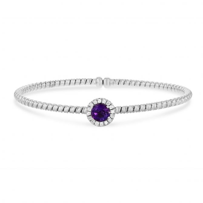 Amethyst & Diamond Halo Flexible Cuff Bracelet in White Gold