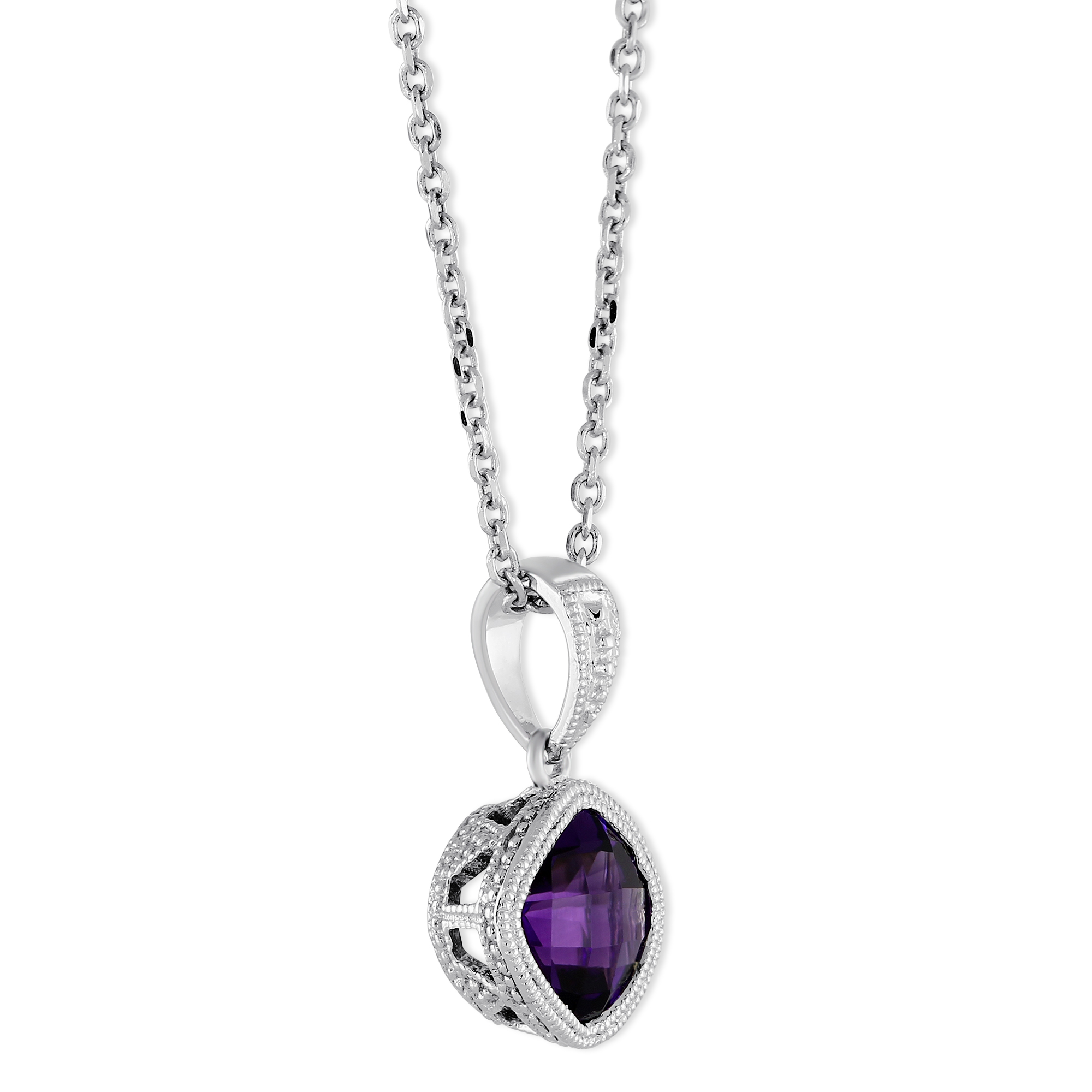 14K White Gold Cushion Checkerboard Amethyst Pendant With Milgrain Bezel, 18