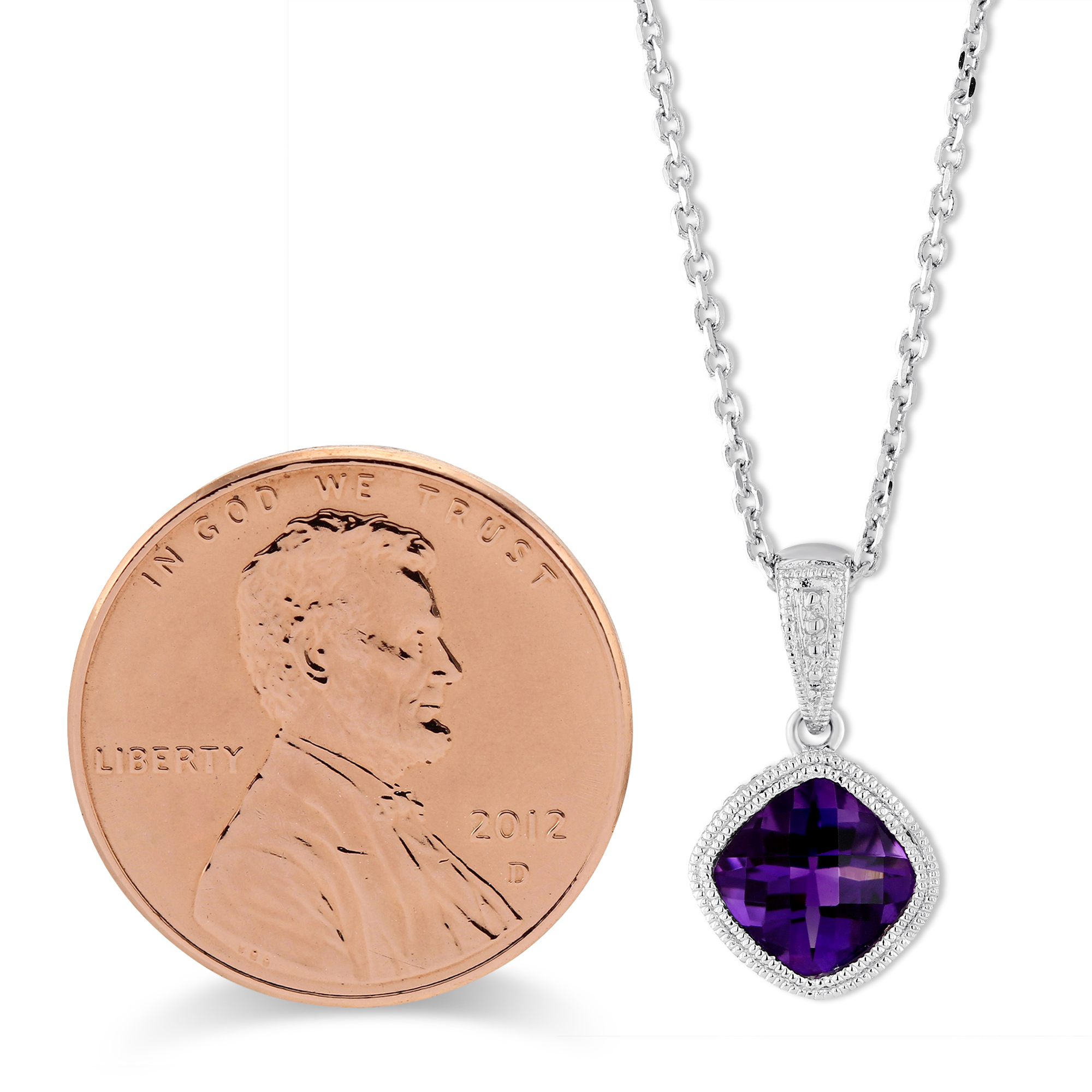 14K White Gold Cushion Checkerboard Amethyst Pendant With Milgrain Bezel, 18