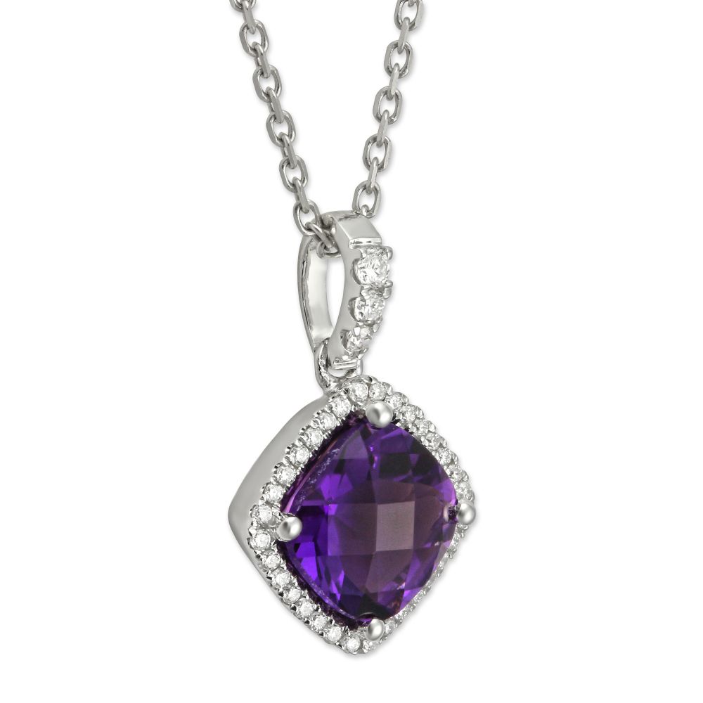Amethyst & Diamond Halo Pendant Necklace in White Gold