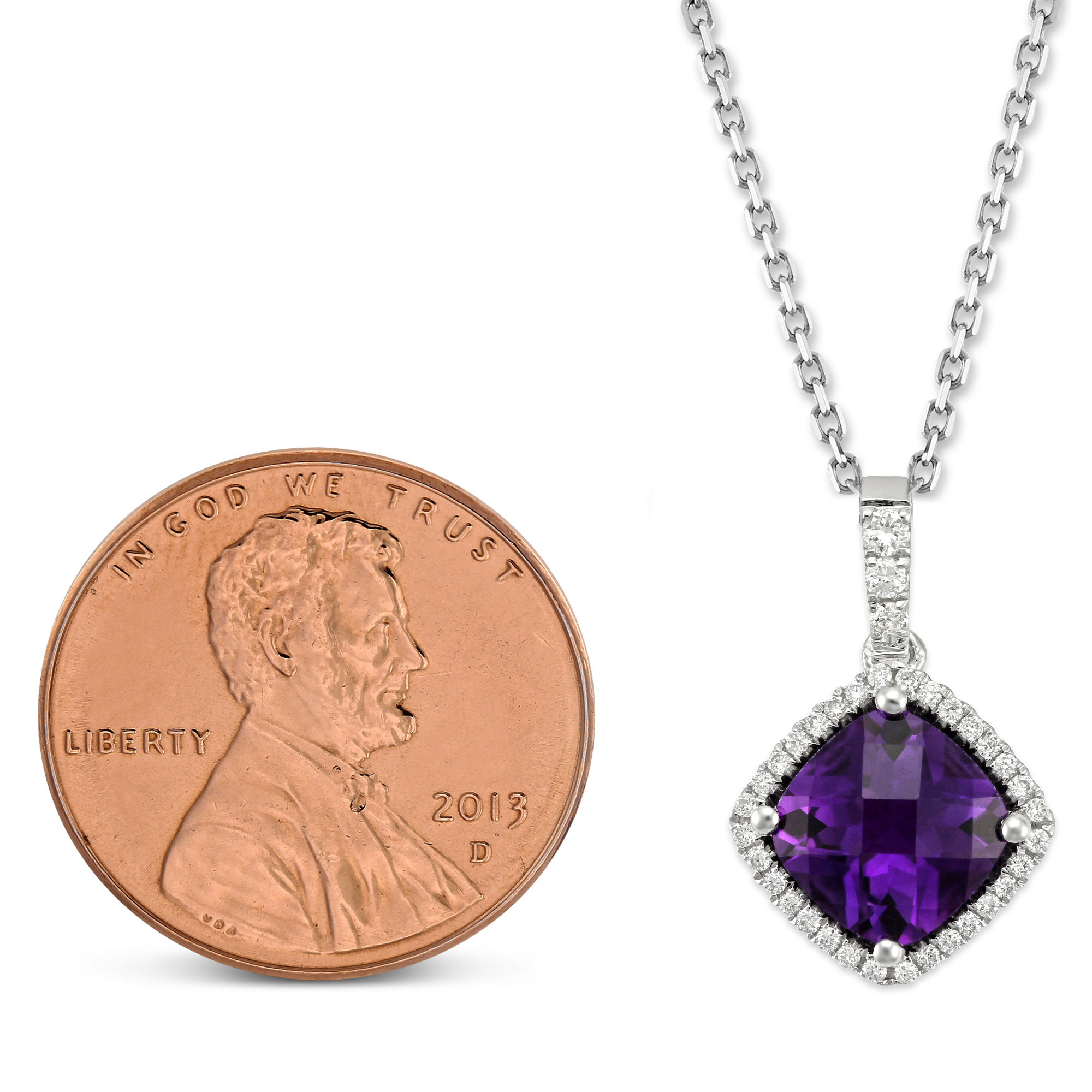Amethyst & Diamond Halo Pendant Necklace in White Gold