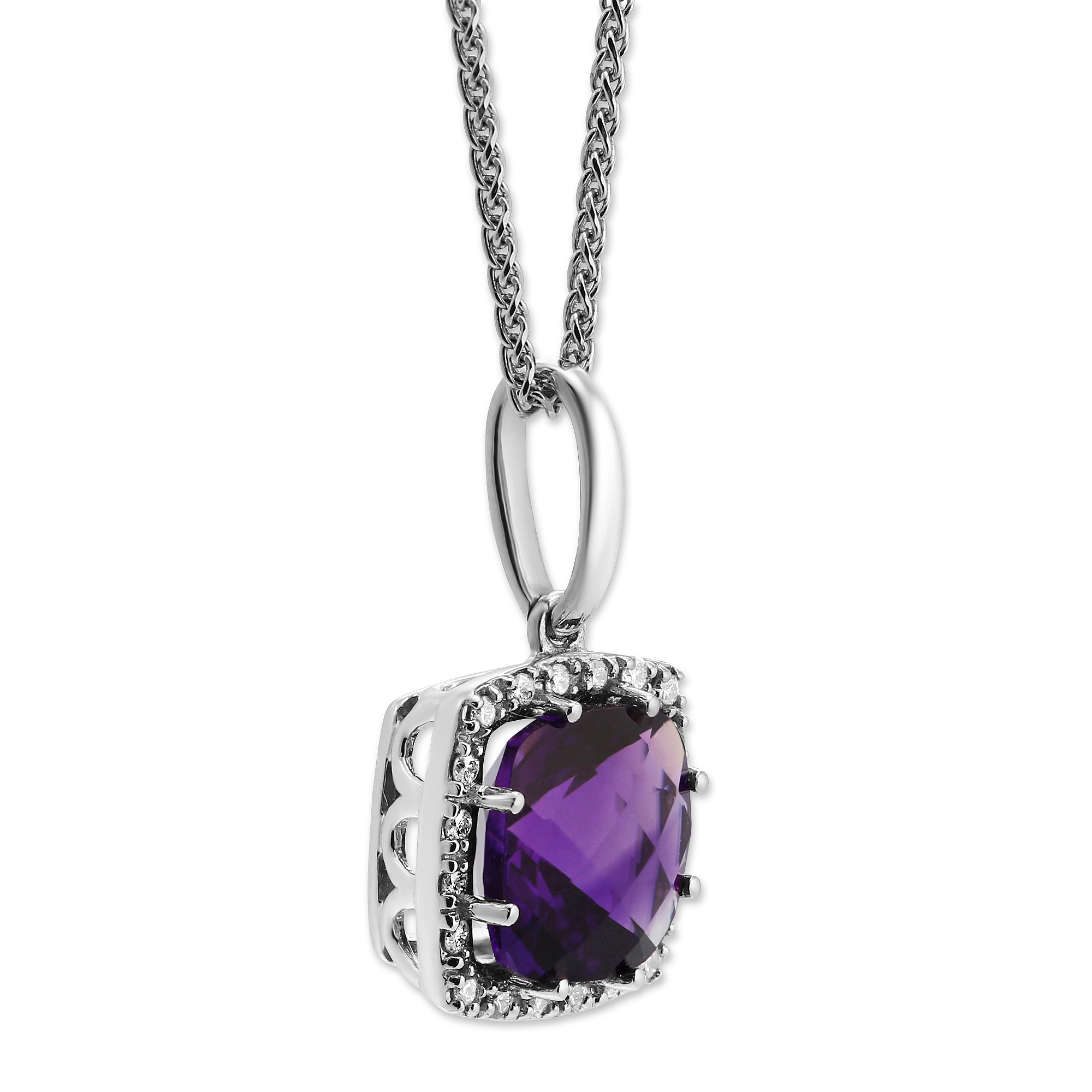 Cushion Amethyst & Diamond Halo Pendant Necklace in White Gold