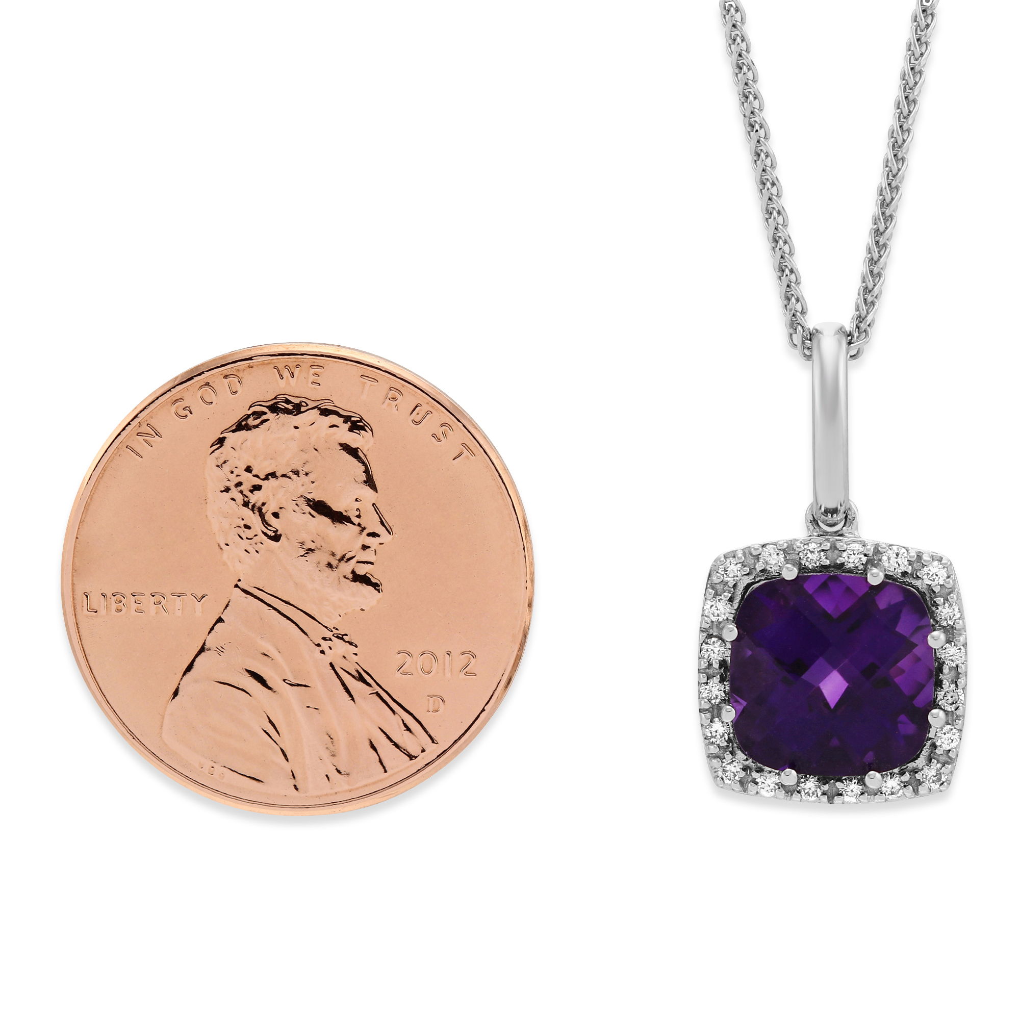 Cushion Amethyst & Diamond Halo Pendant Necklace in White Gold