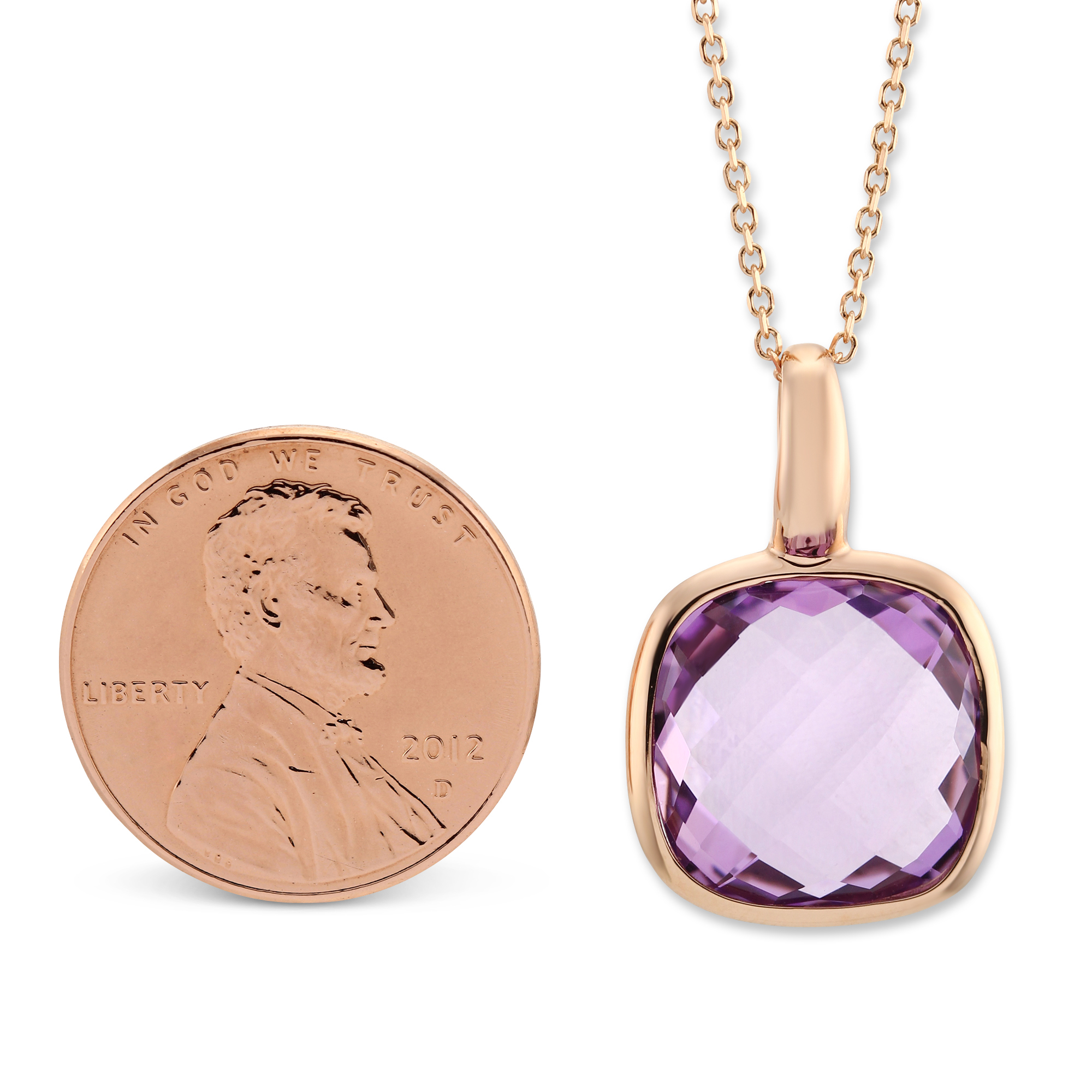 14K Rose Gold Checkerboard Amethyst Bezel Set Pendant, 18