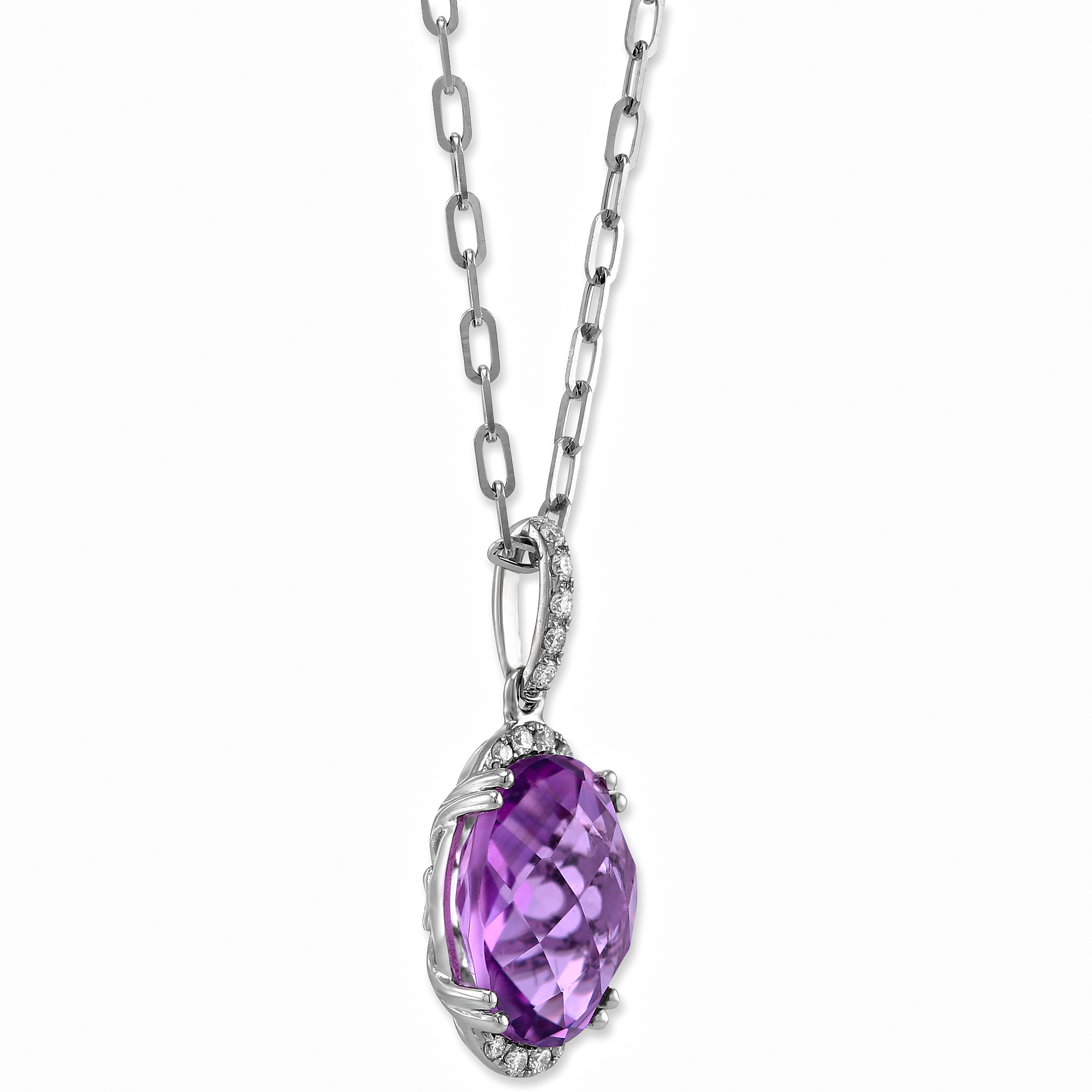 Oval Amethyst & Diamond Pendant Necklace in White Gold