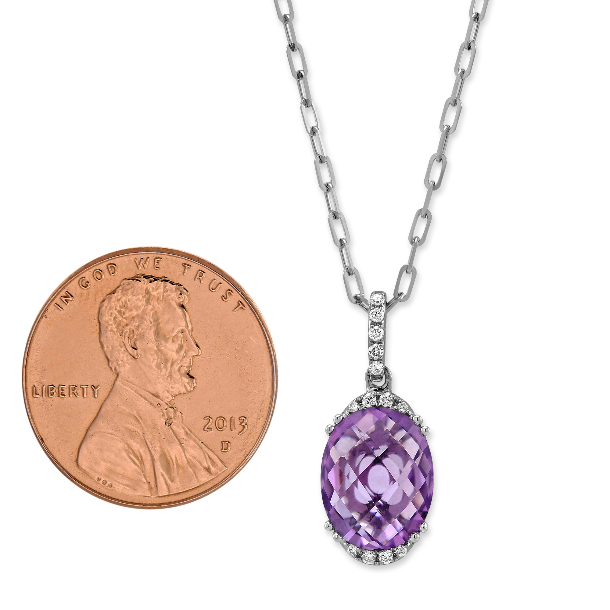 Oval Amethyst & Diamond Pendant Necklace in White Gold