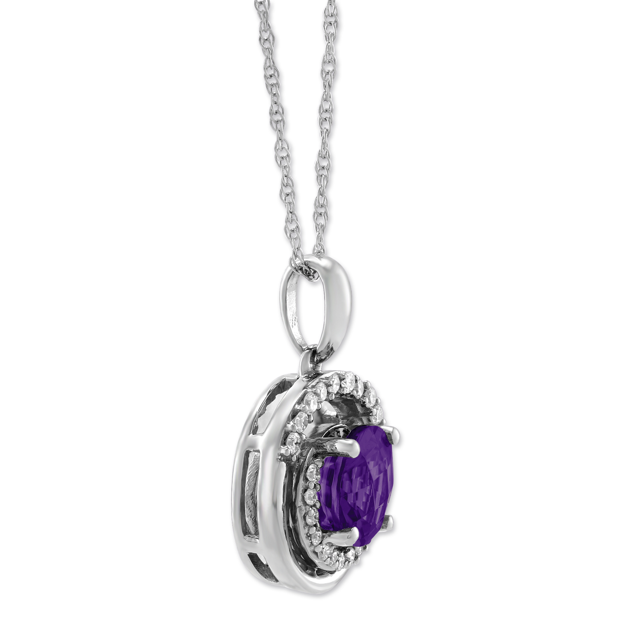 Amethyst & Diamond Halo Swirl Pendant Necklace in White Gold