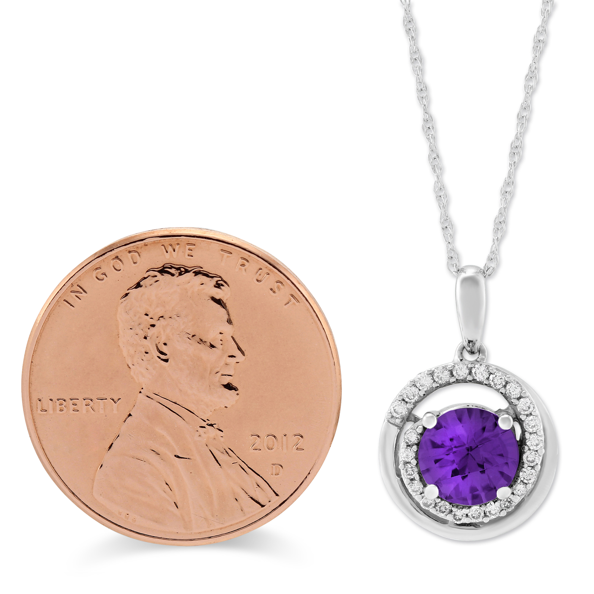 Amethyst & Diamond Halo Swirl Pendant Necklace in White Gold