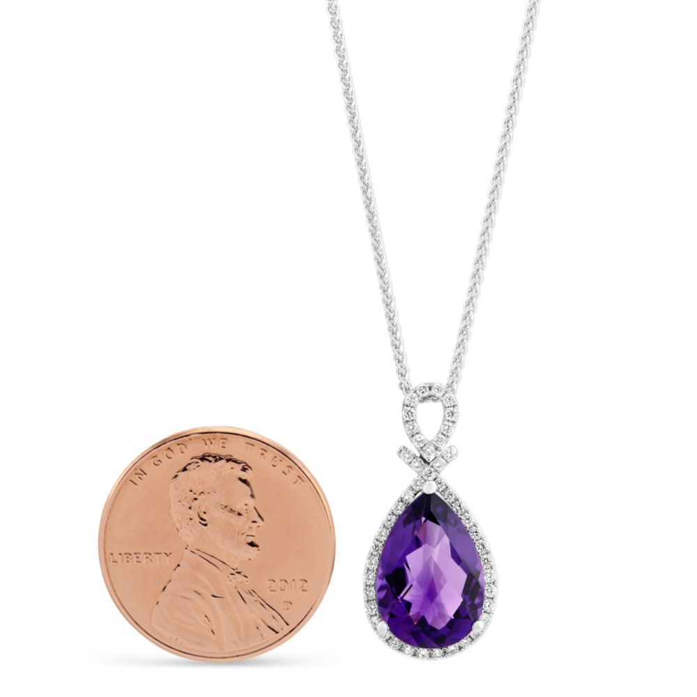 Checkerboard Pear Shaped Amethyst & Diamond Pendant in White Gold