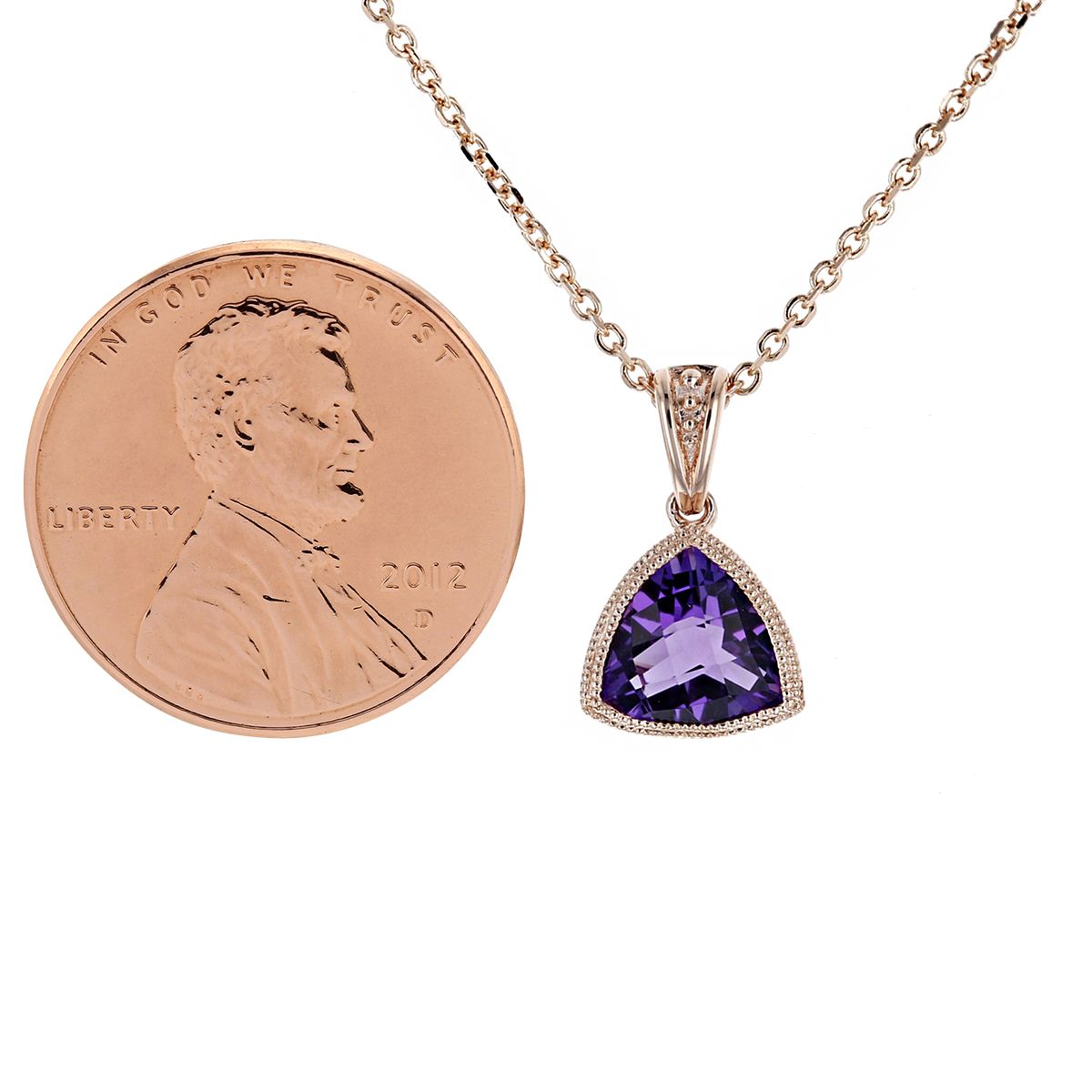 14K Rose Gold Checkerboard Trillion Amethyst Milgrain Bezel Pendant, 18
