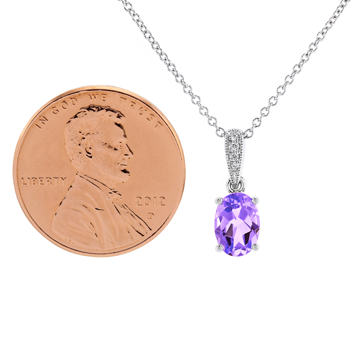 Oval Amethyst & Diamond Milgrain Pendant in White Gold, 18