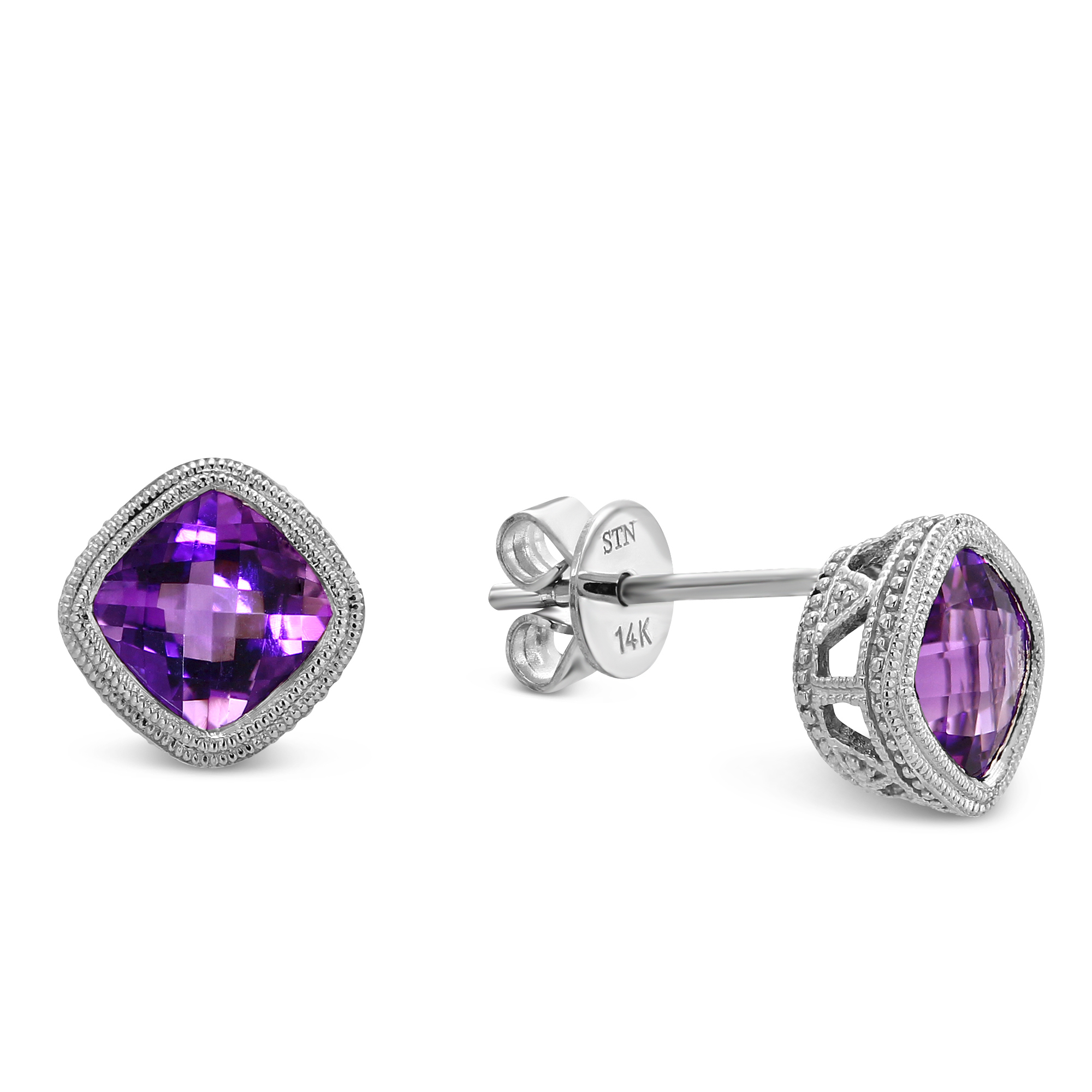 Amethyst Milgrain Bezel Set Earrings in White Gold