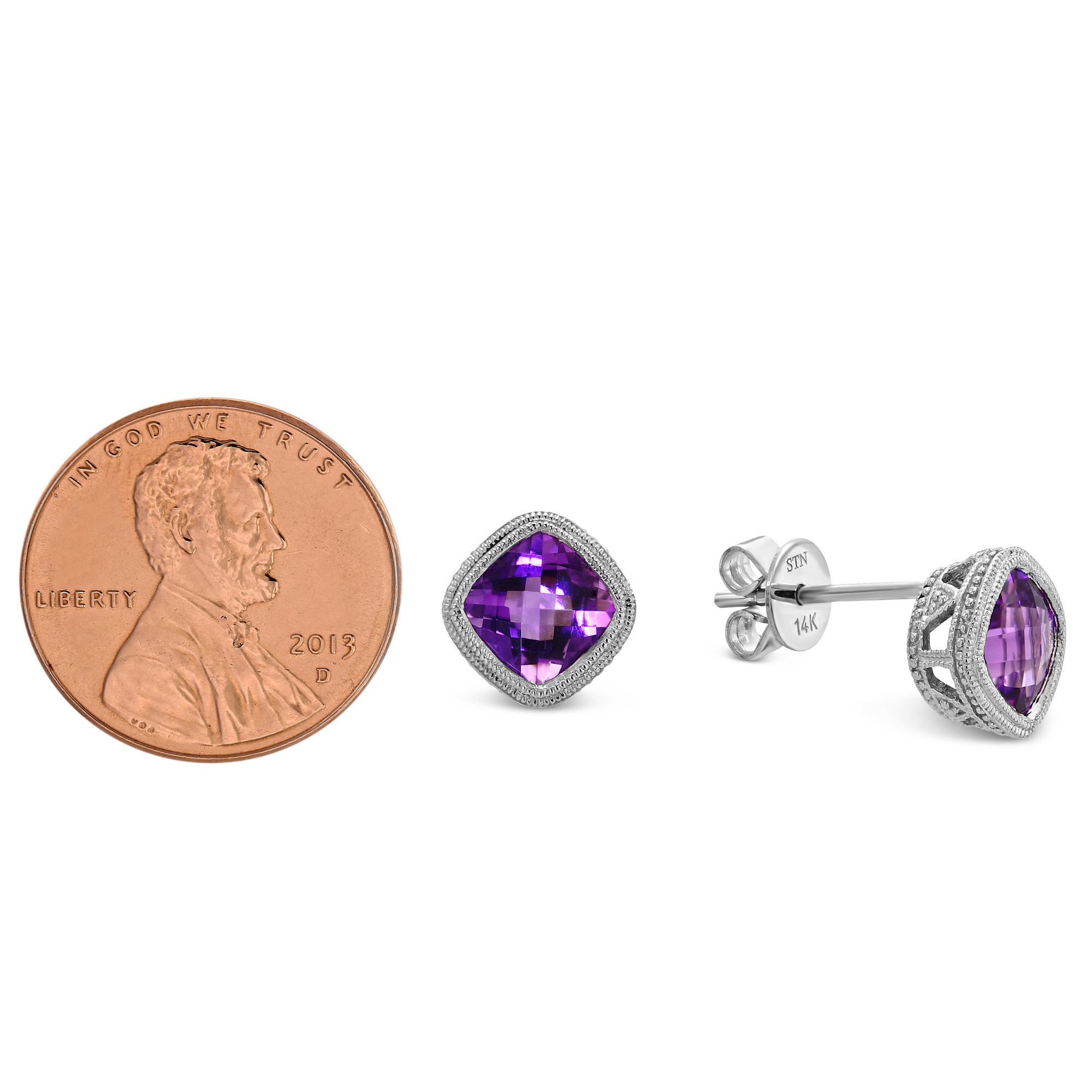 Amethyst Milgrain Bezel Set Earrings in White Gold
