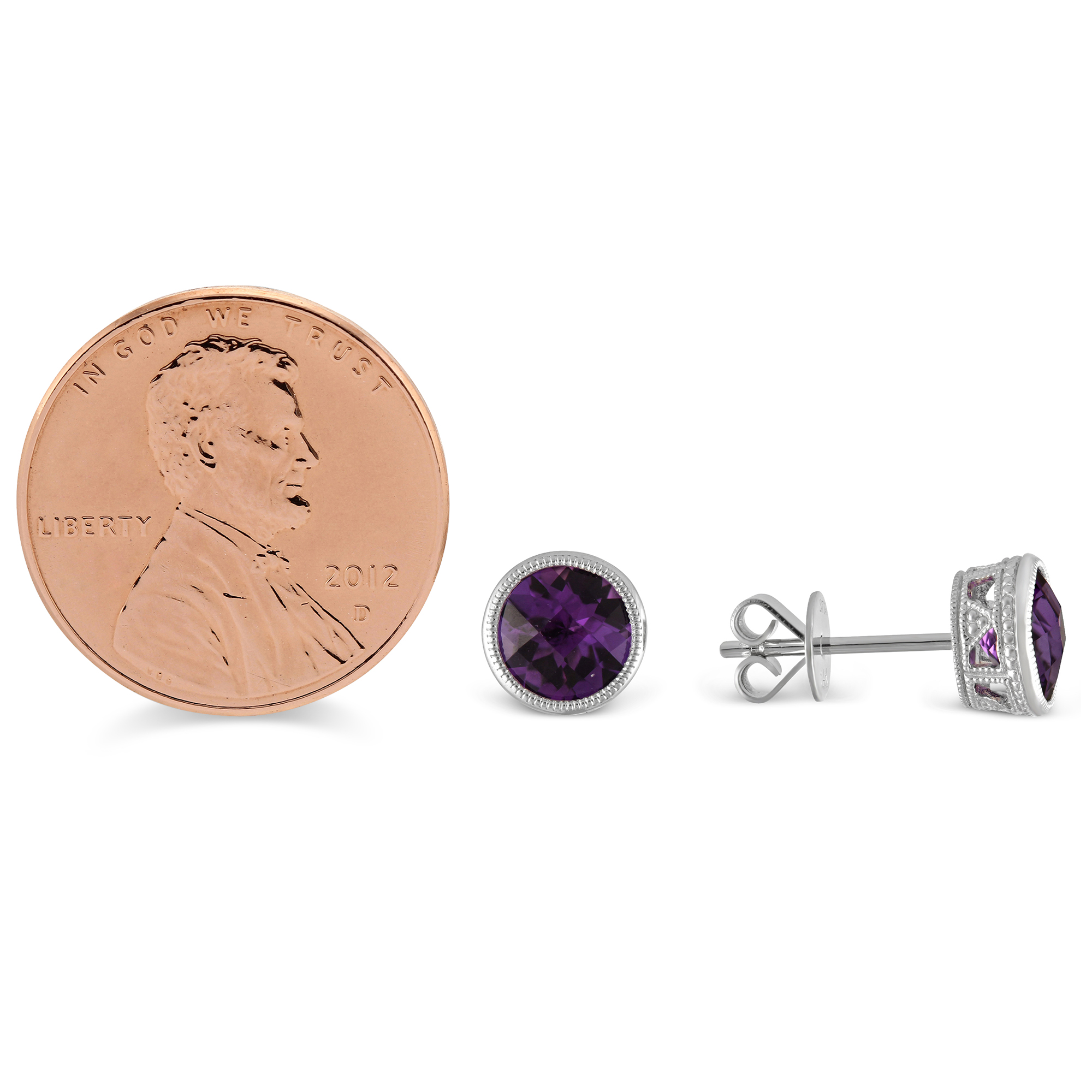 Round Faceted Bezel Set Amethyst Earrings in White Gold, 6mm