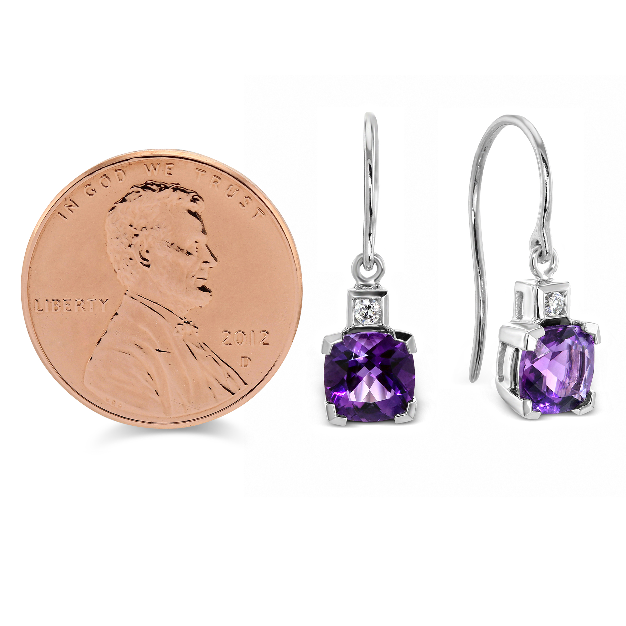 Cushion Amethyst & Diamond Dangle Earrings in White Gold