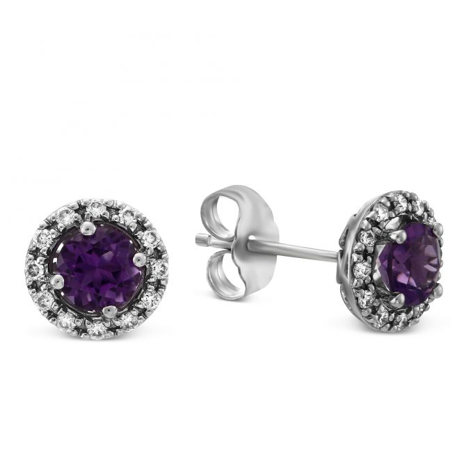 Amethyst & Diamond Halo Stud Earrings in White Gold