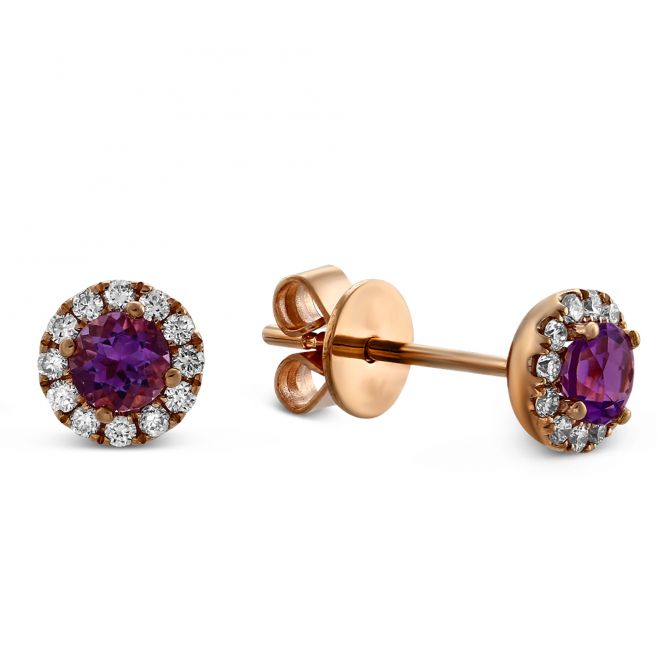 Amethyst and Diamond Halo Stud Earrings in Rose Gold