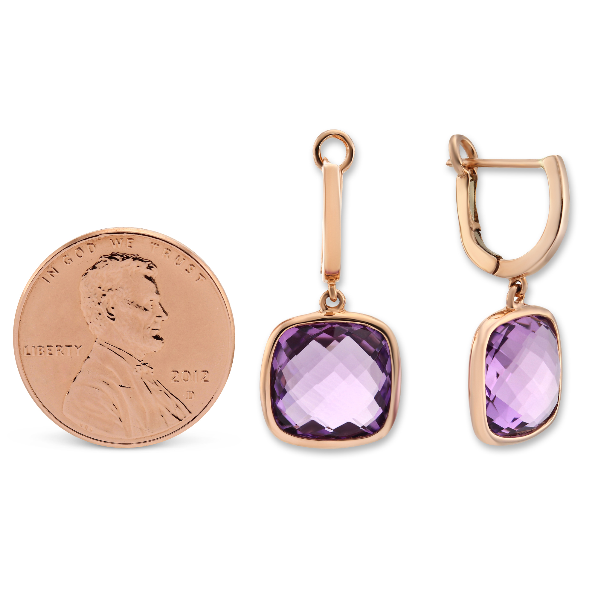 14K Rose Gold Checkerboard Amethyst Drop Earrings