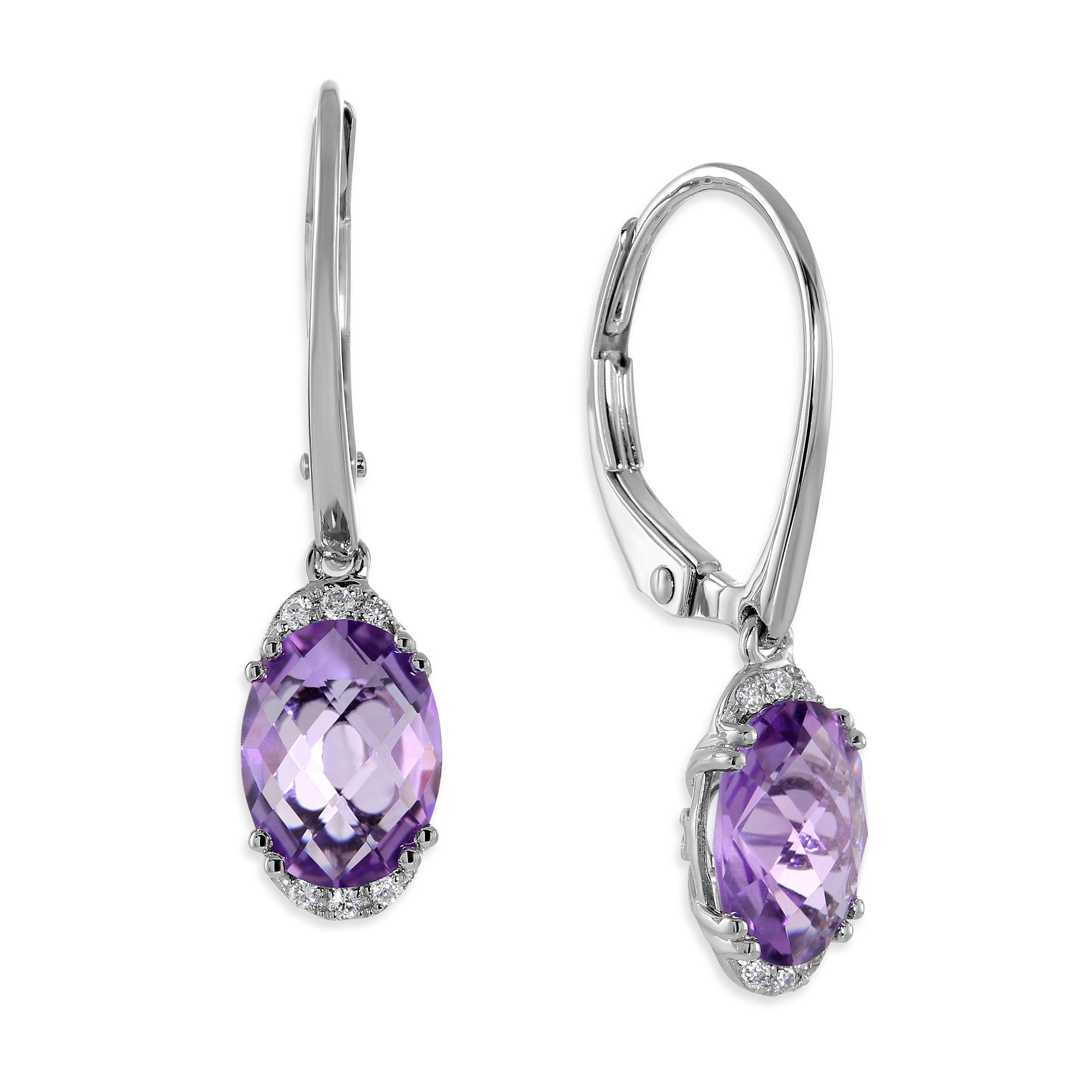 14K White Gold Oval Checkerboard Amethyst & Diamond Dangle Earrings