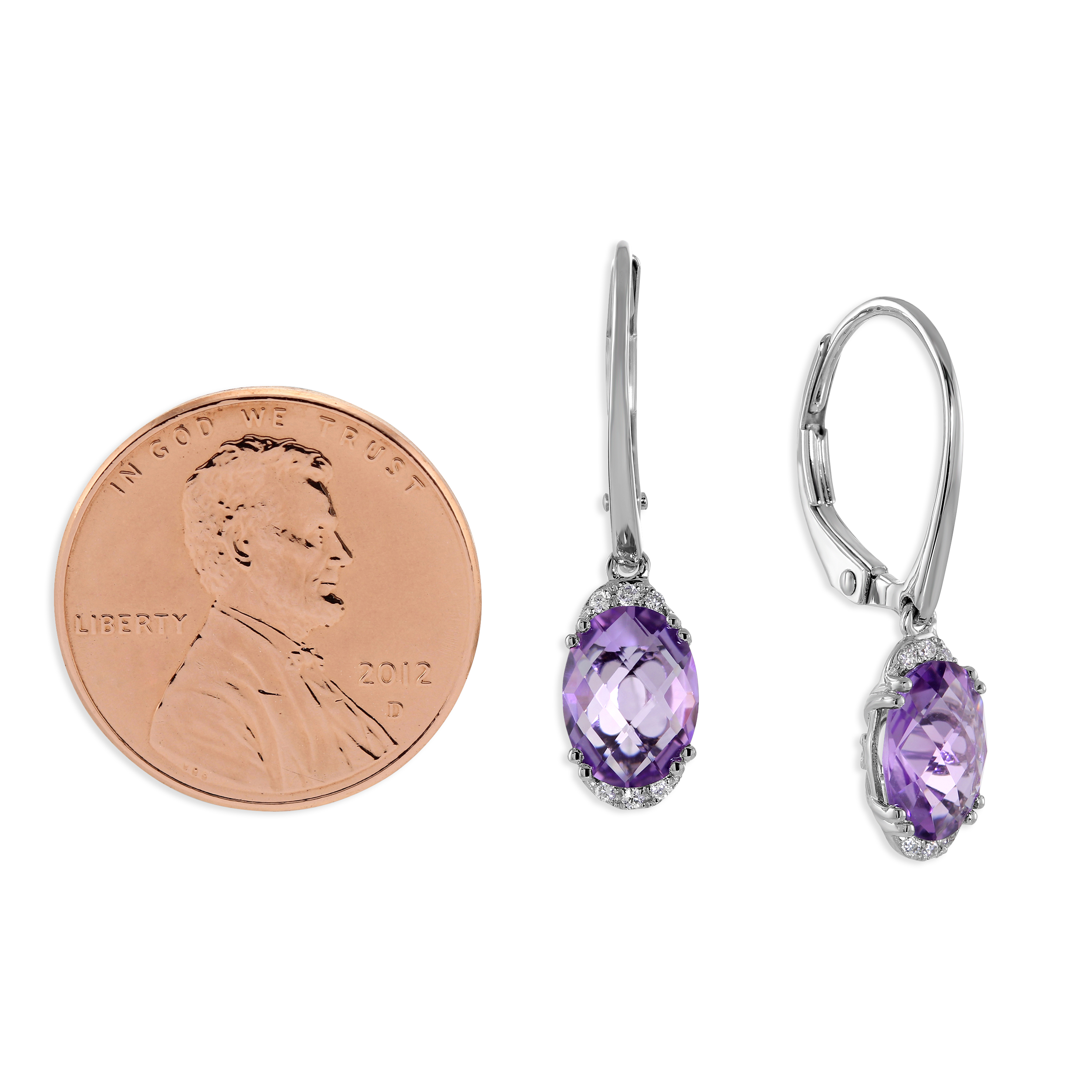 14K White Gold Oval Checkerboard Amethyst & Diamond Dangle Earrings