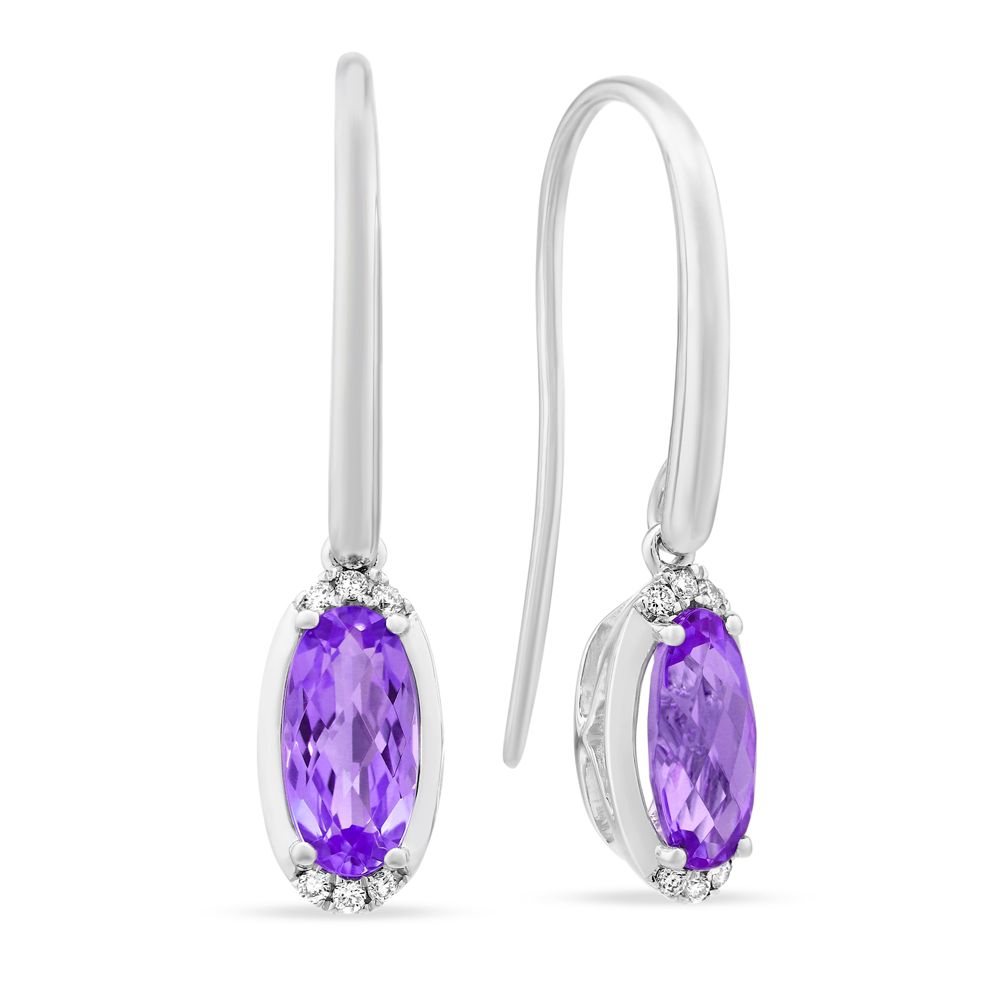 Oval Amethyst & Diamond Drop Earrings in White Gold