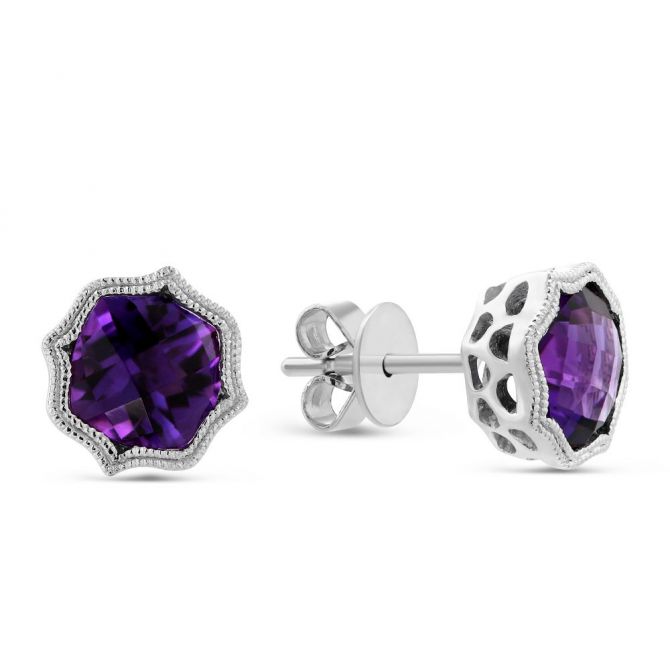 Amethyst Earrings with Double Milgrain Edge in White Gold