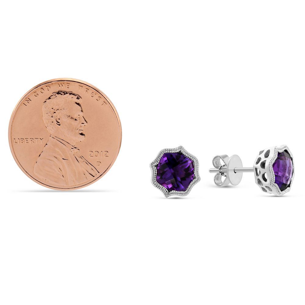 Amethyst Earrings with Double Milgrain Edge in White Gold