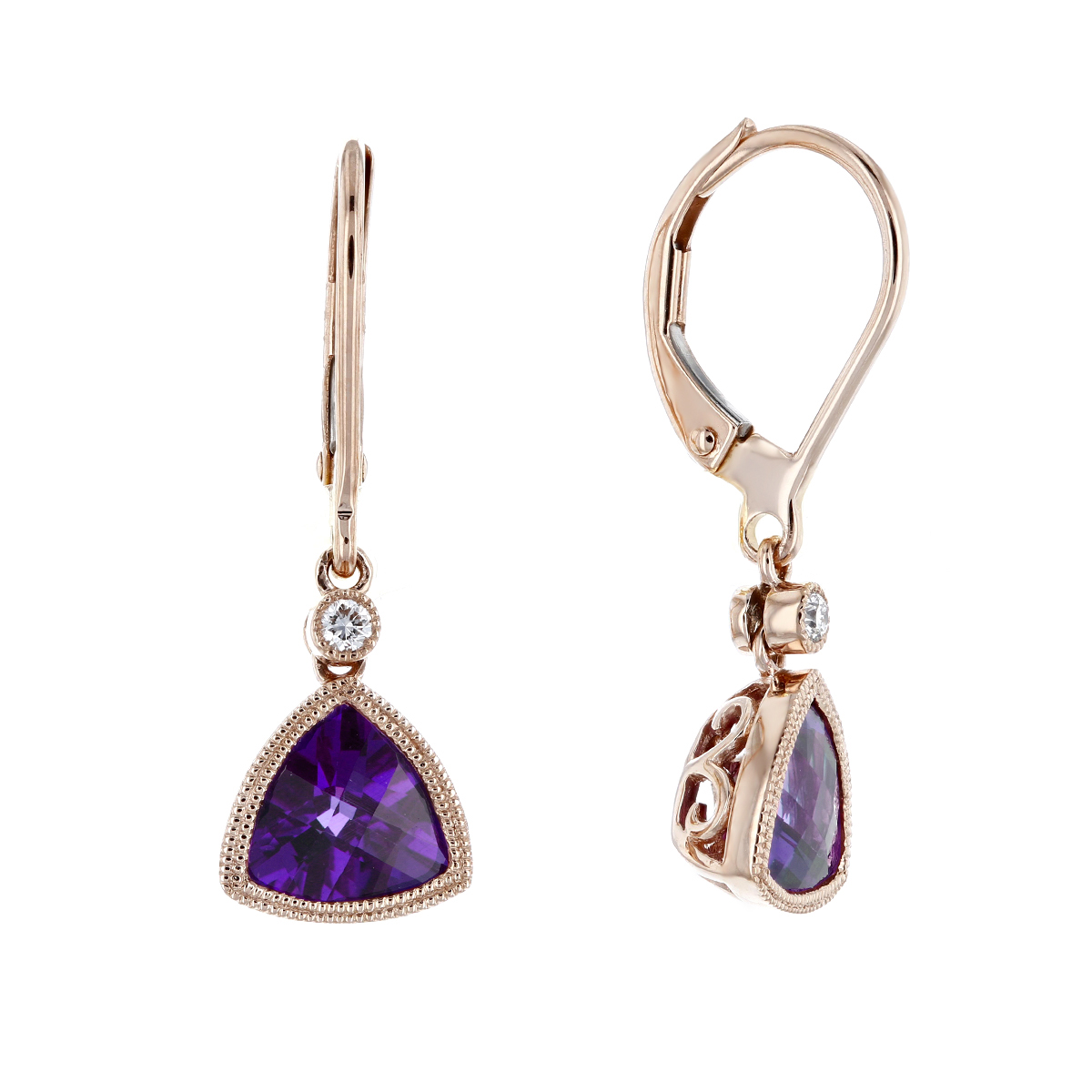 14K Rose Gold Checkerboard Trillion Amethyst & Diamond Milgrain Bezel Drop Earrings