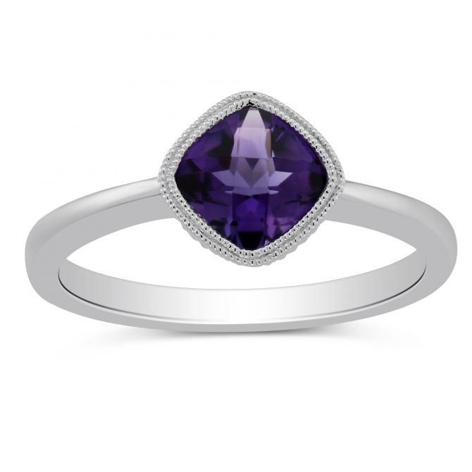 Amethyst Milgrain Bezel Set Ring in White Gold