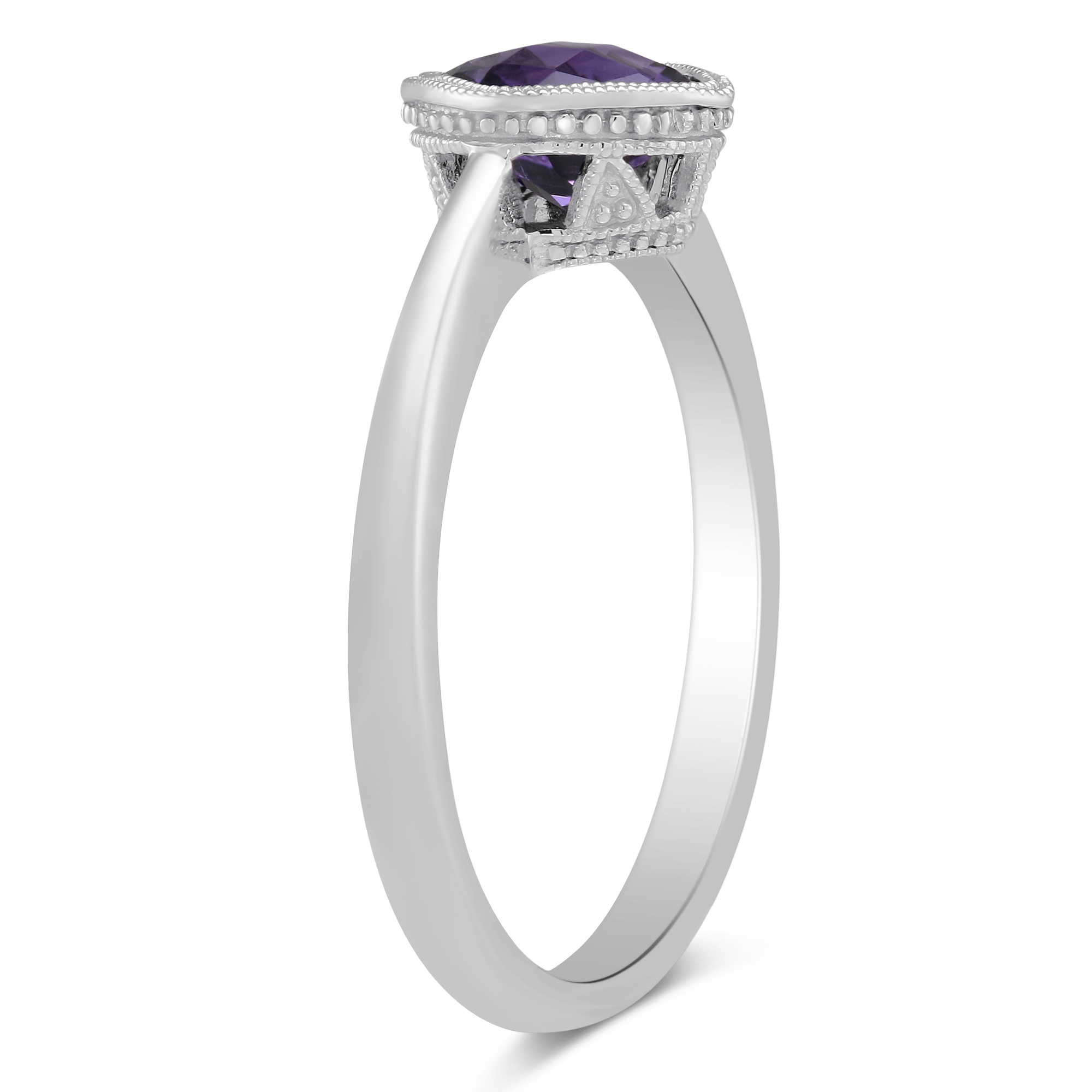 Amethyst Milgrain Bezel Set Ring in White Gold