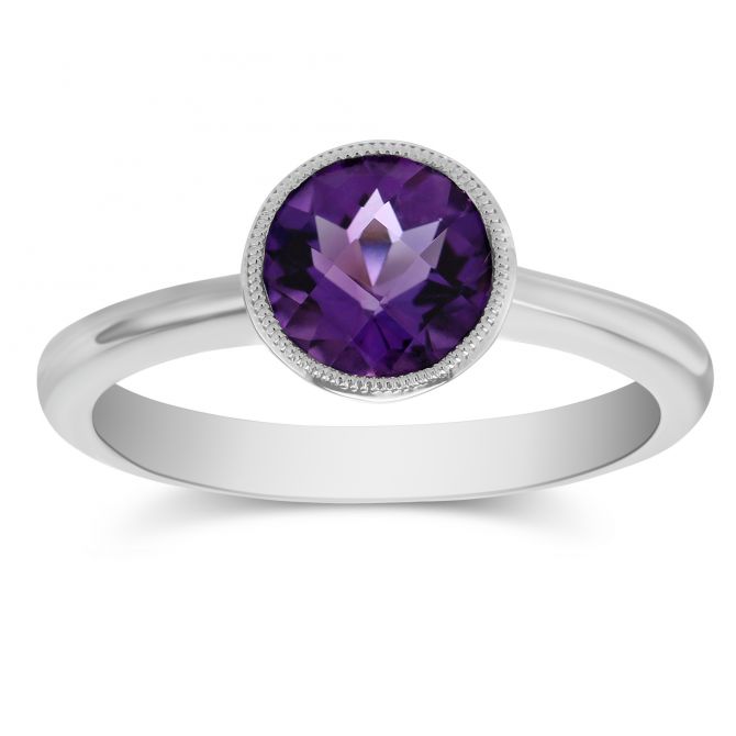 14K White Gold Round Checkerboard Amethyst Ring