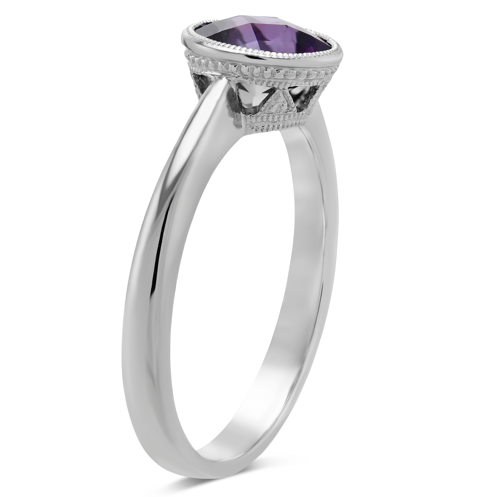 14K White Gold Round Checkerboard Amethyst Ring