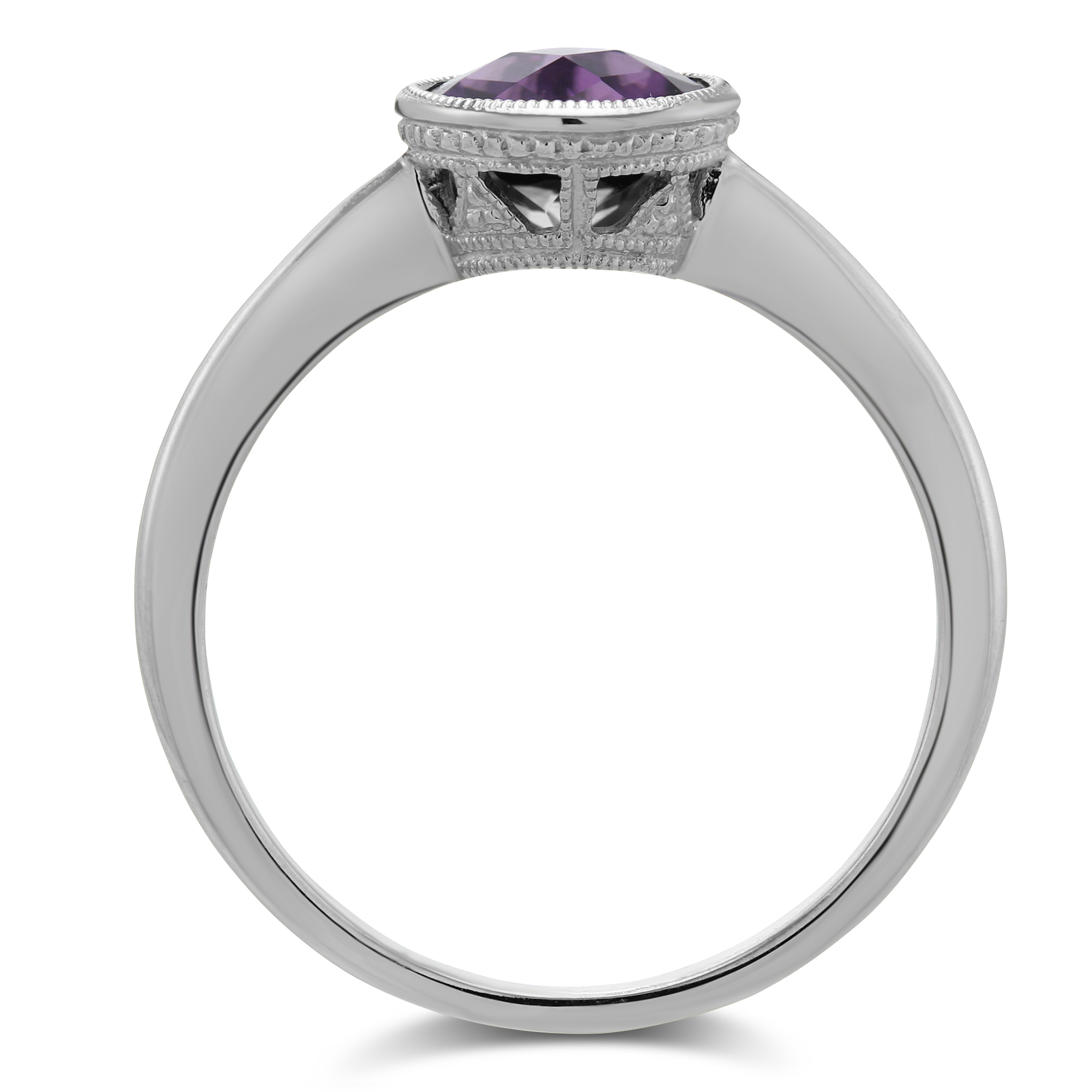 14K White Gold Round Checkerboard Amethyst Ring