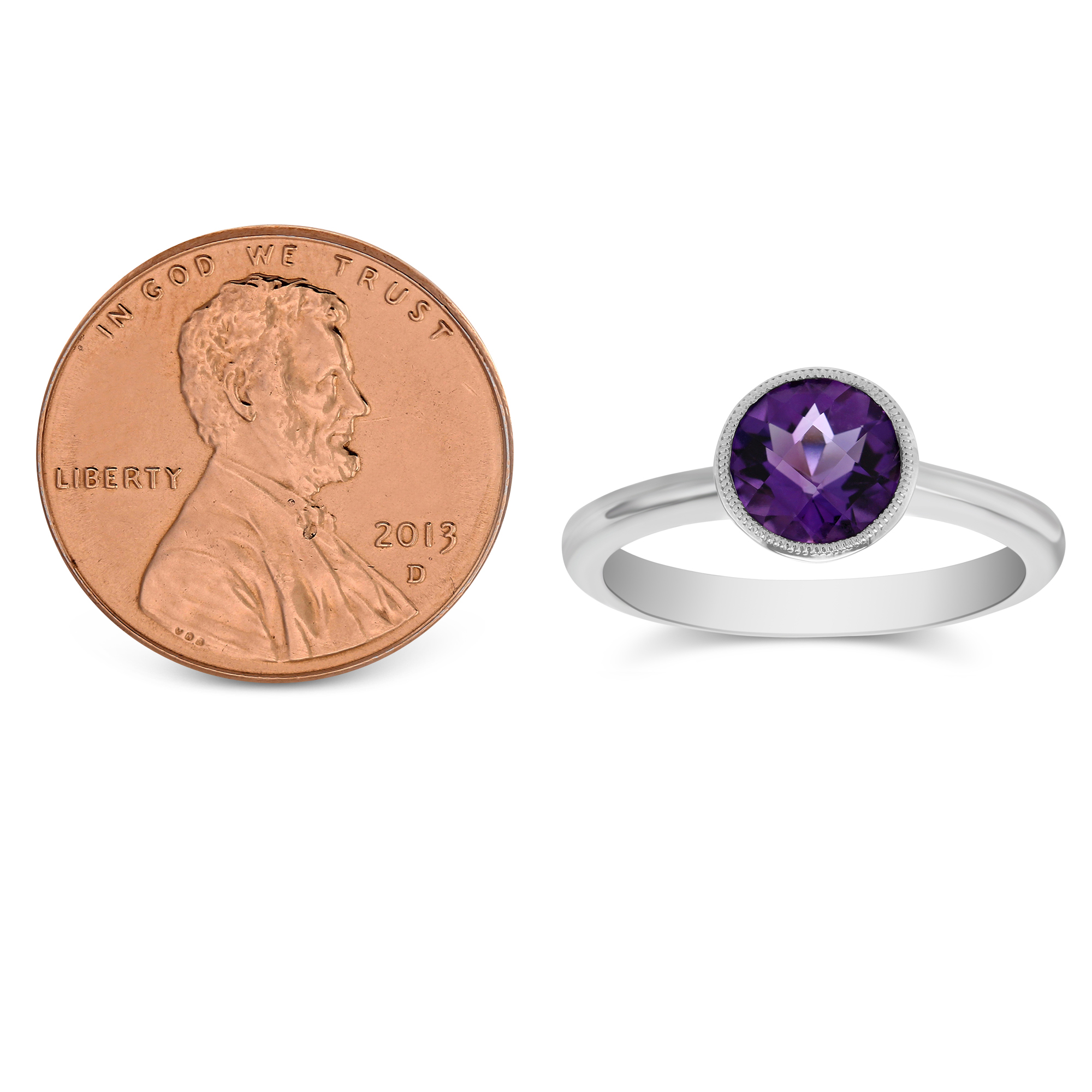 14K White Gold Round Checkerboard Amethyst Ring