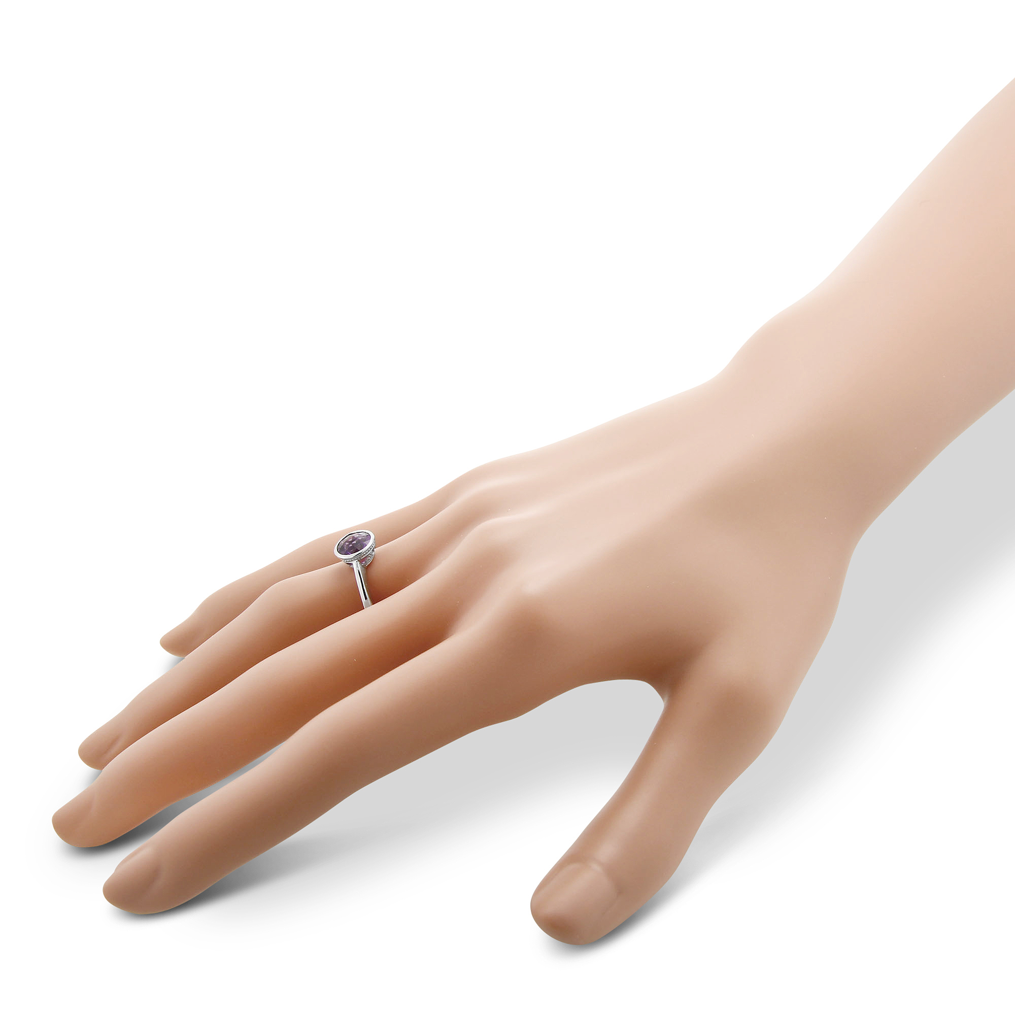 14K White Gold Round Checkerboard Amethyst Ring