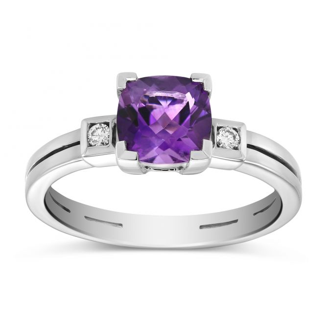 Cushion Amethyst & Diamond 3 Stone Ring in White Gold