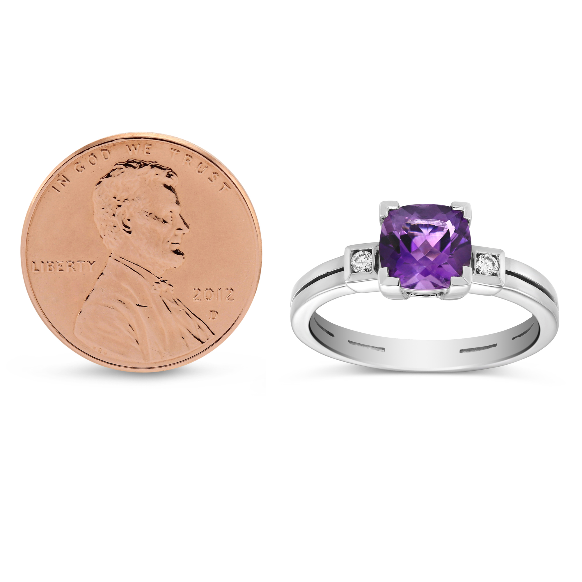 Cushion Amethyst & Diamond 3 Stone Ring in White Gold